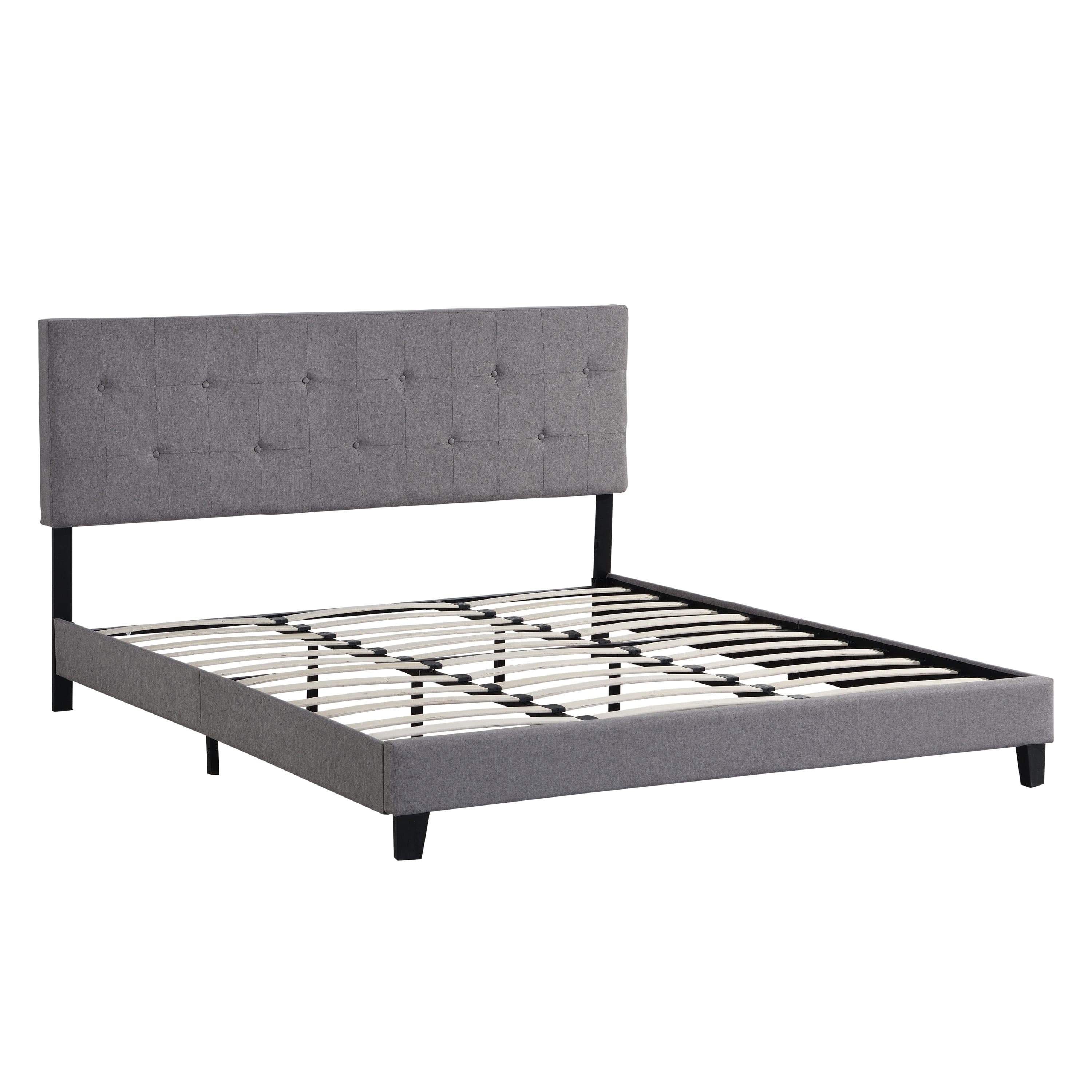 King Size Upholstered Platform Bed Frame with Button Tufted Linen Fabric Headboard, No Box Spring Needed, Wood Slat Support, Easy Assembly,  Gray