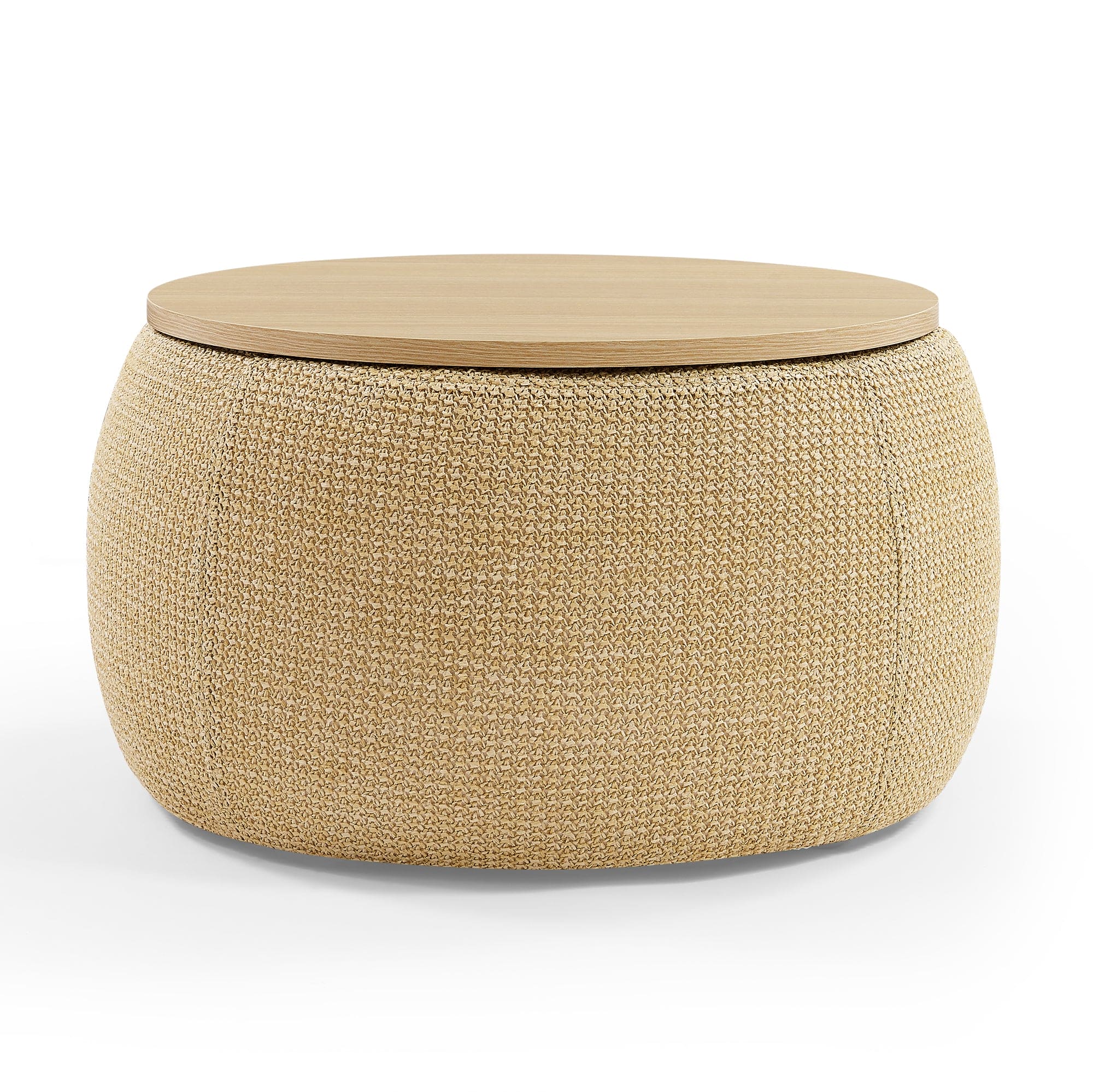 Round Storage Ottoman, 2 in 1 Function, Work as End table and Ottoman, Natural (25.5"x25.5"x14.5")