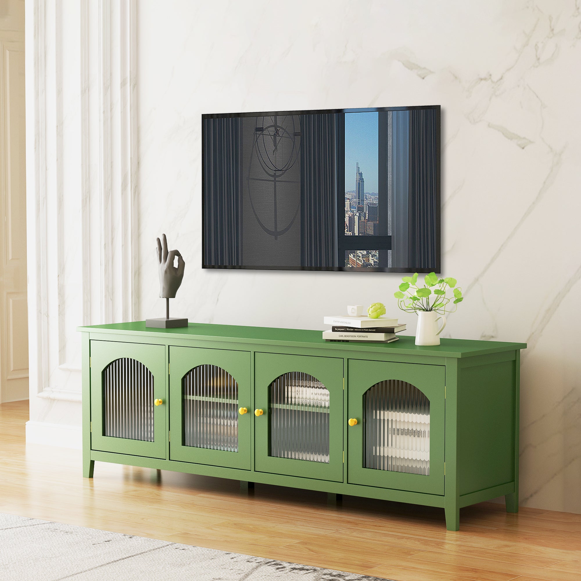 71-inchstylishTVcabinet Entertainment CenterTV stand,TVConsoleTable, Media Console,solidwood frame,Changhong glass door,Metal handle,antique green,canbeplacedin the children's room,bedroom Living Room