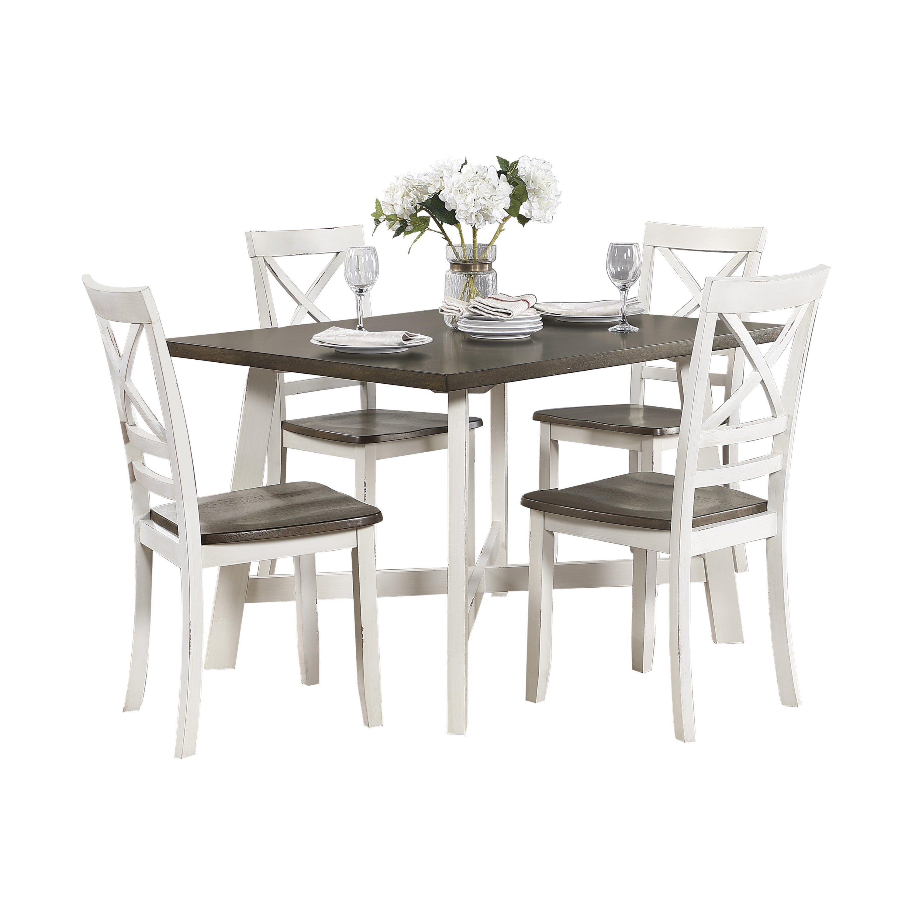 Modern Farmhouse Style 5 Piece Pack Dinette Set Antique White and Cherry Finish Wooden Furniture