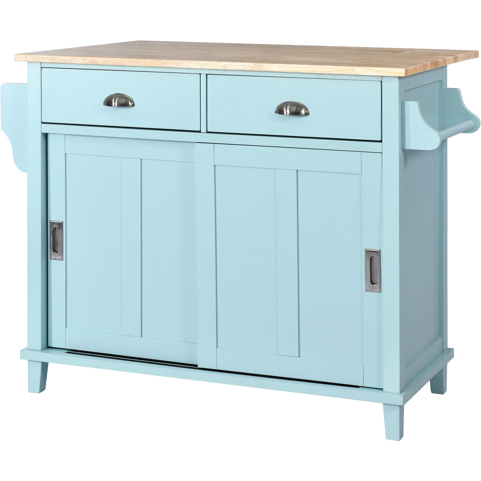 Kitchen Cart with Rubber wood Drop-Leaf Countertop, Concealed sliding barn door adjustable height,Kitchen Island on 4 Wheels with Storage Cabinet and 2 Drawers,L52.2xW30.5xH36.6 inch, Mint Green