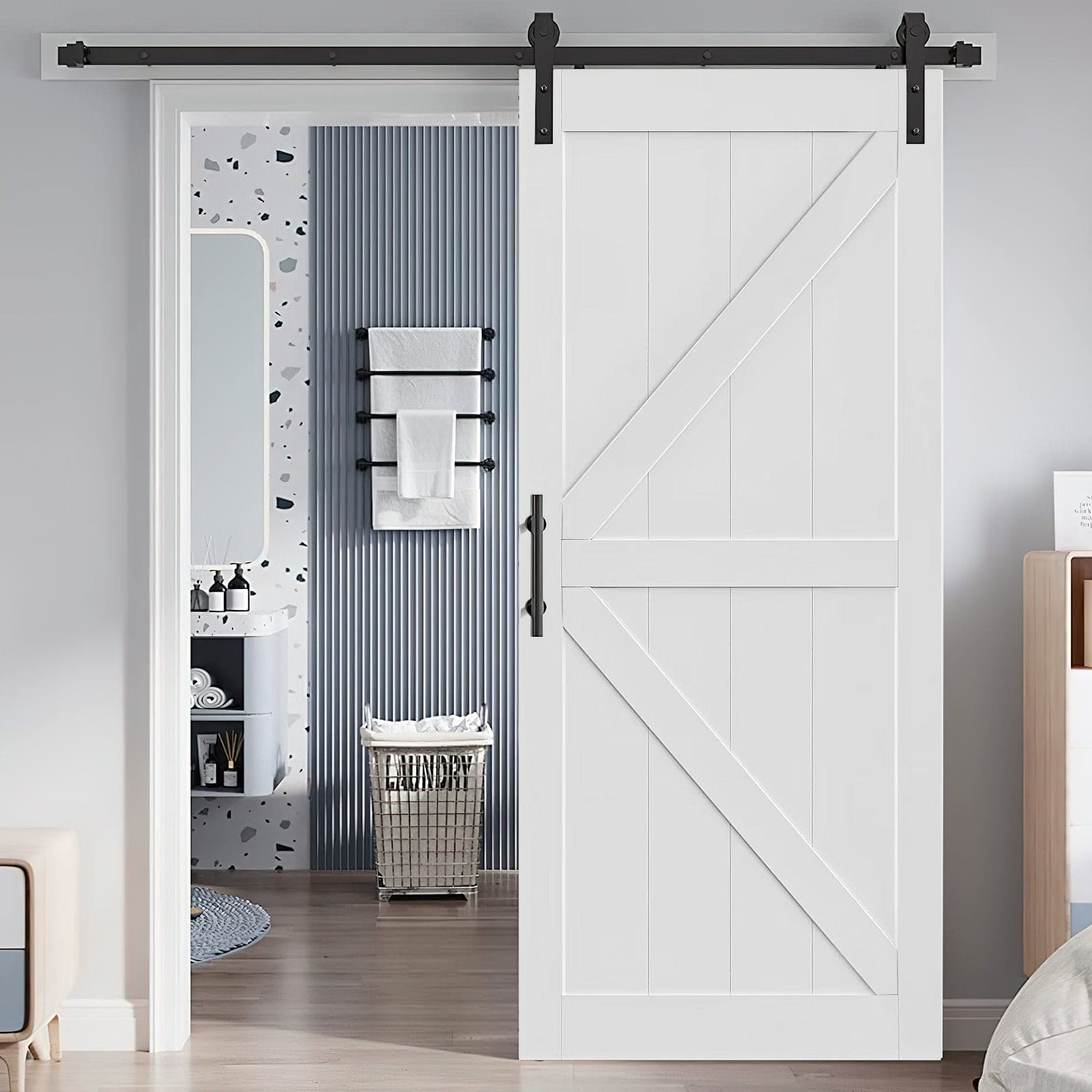 CRAZY ELF 36" x 84" "K" Style Wood Primed Standard Barn Door Slab, DIY Unfinished Solid Wood Paneled Door, Interior Single Door Slab, Pre-Drilled Ready to Assemble