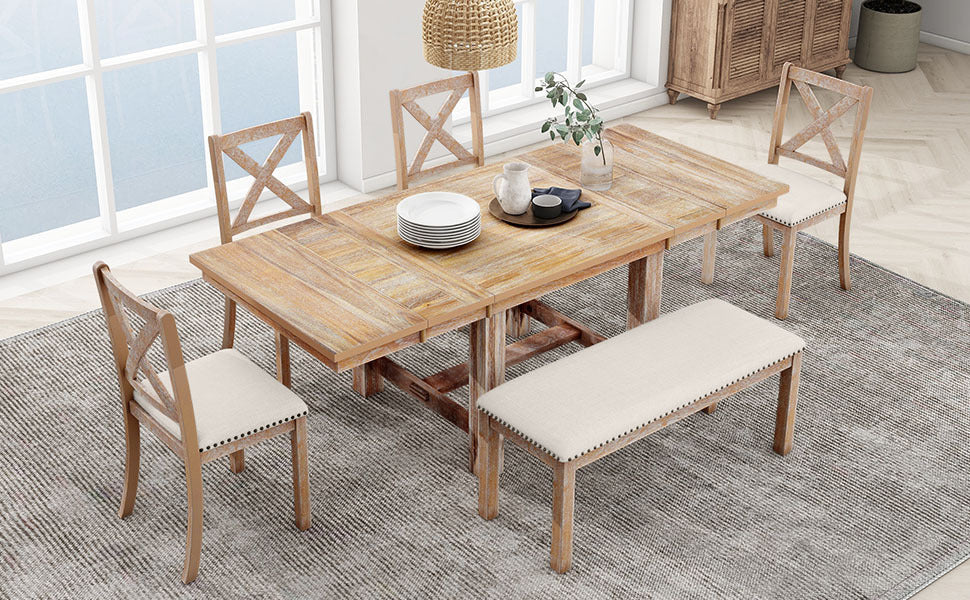 TOPMAX Farmhouse 82inch 6-Piece Extendable Dining Table with Footrest, 4 Upholstered Dining Chairs and Dining Bench, Two 11"Removable Leaf, Natural+Beige Cushion