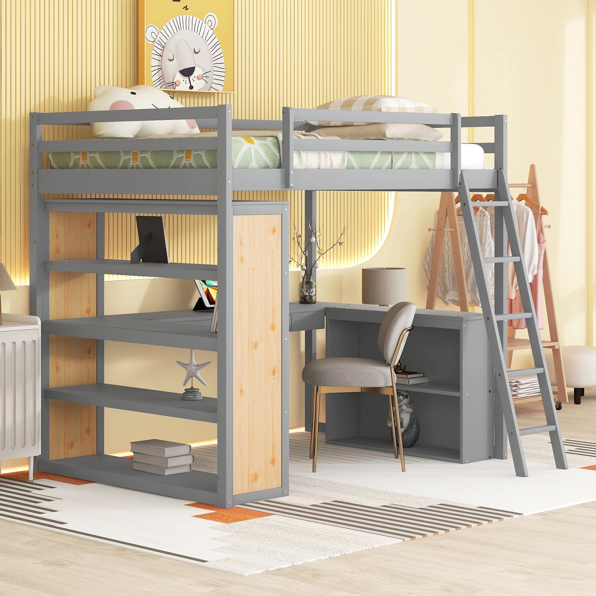 Full Size Loft Bed with Ladder, Shelves, and Desk, Gray(OLD SKU:LT100226AAE)