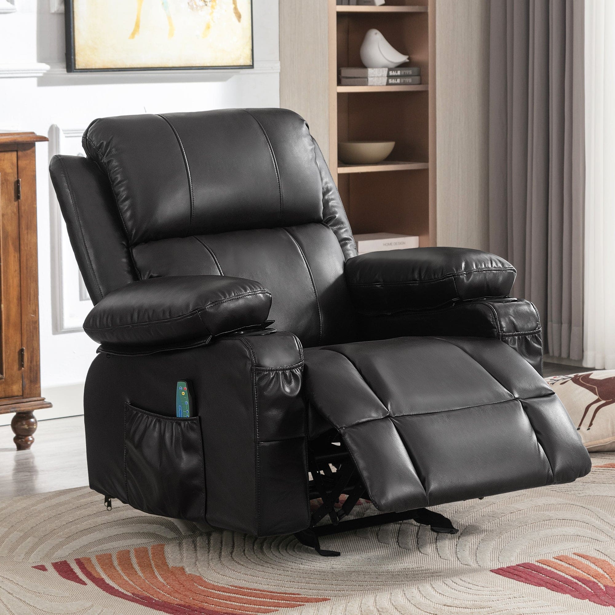 Vanbow.Recliner Chair Rocking Chairs for Adults Oversized with 2 Cup Holders, USB Charge Port Soft Features a Manual Massage and Heat.BLACK