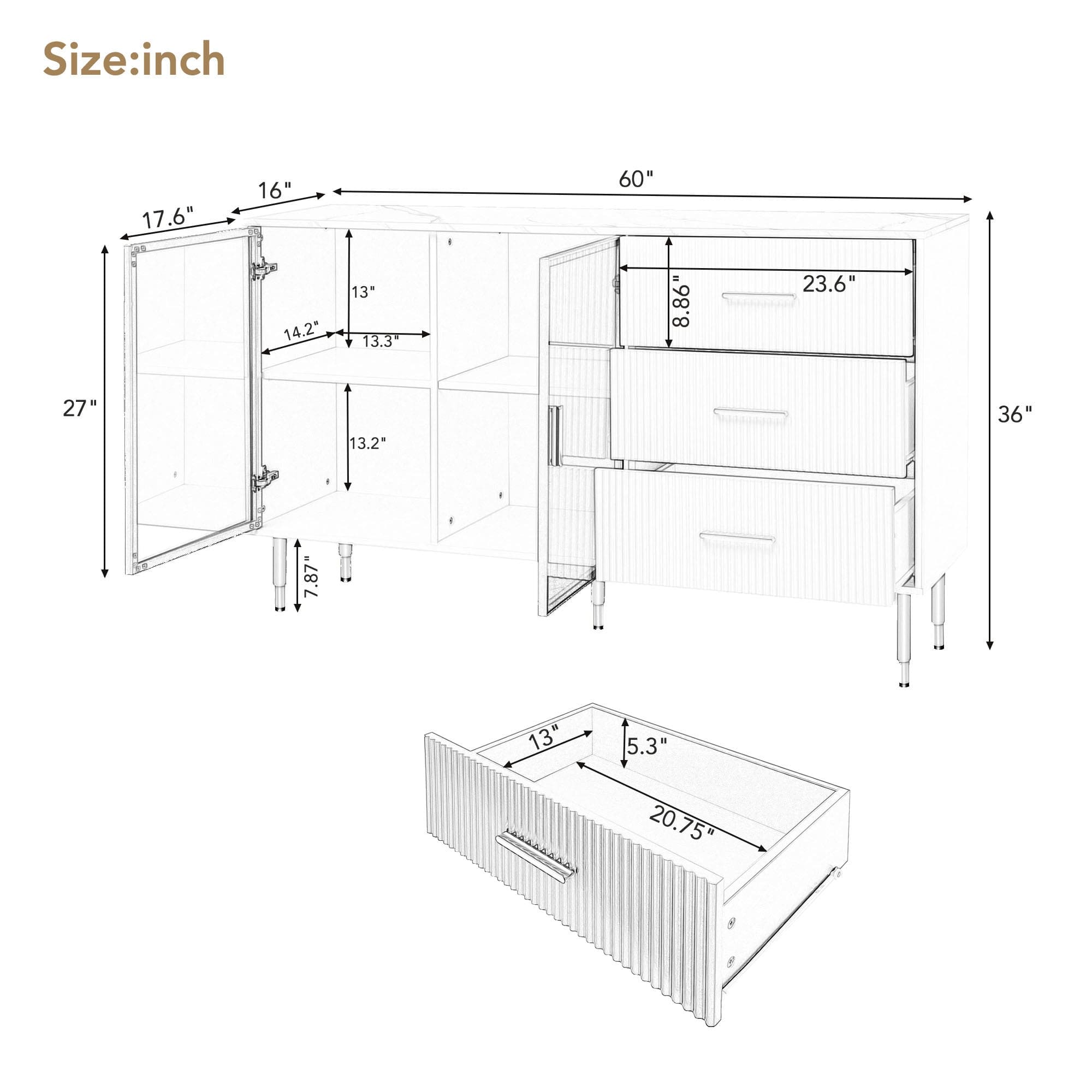 TREXM Modern Sideboard MDF Buffet Cabinet Marble Sticker Tabletop and Amber-yellow Tempered Glass Doors with Gold Metal Legs & Handles (White)