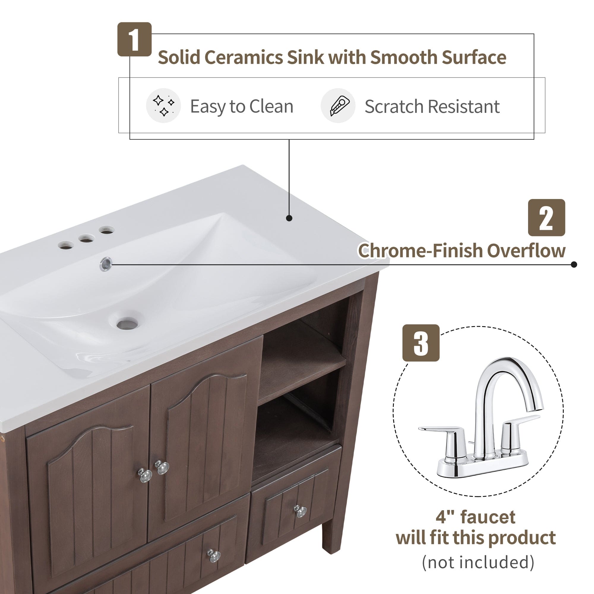 [VIDEO] 36" Bathroom Vanity with Ceramic Basin, Bathroom Storage Cabinet with Two Doors and Drawers, Solid Frame, Metal Handles, Brown (OLD SKU: JL000003AAD)