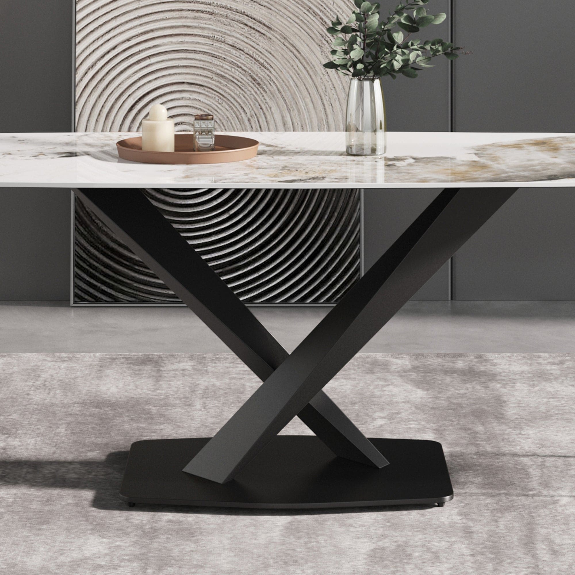 63"Modern artificial stone pandora white curved black metal leg dining table -6 people