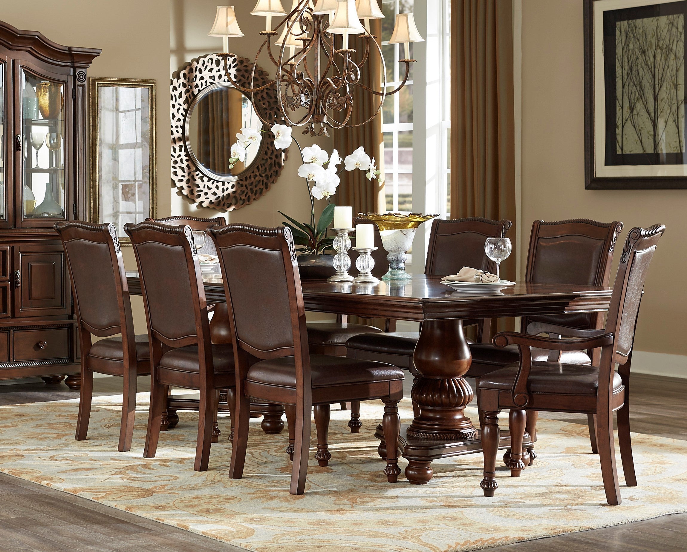 Traditional Dining Table 1pc Brown Cherry Finish Double Pedestal Base Separate Extension Leaf Dining Furniture