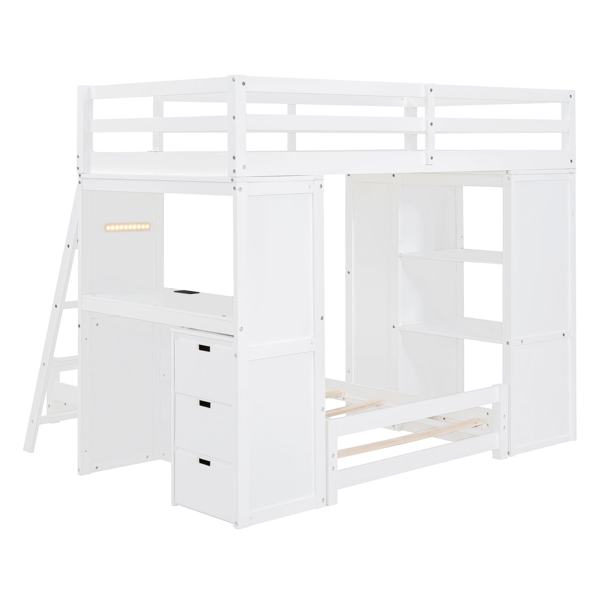 Twin over Twin Bunk Bed with LED Light and USB Ports, White