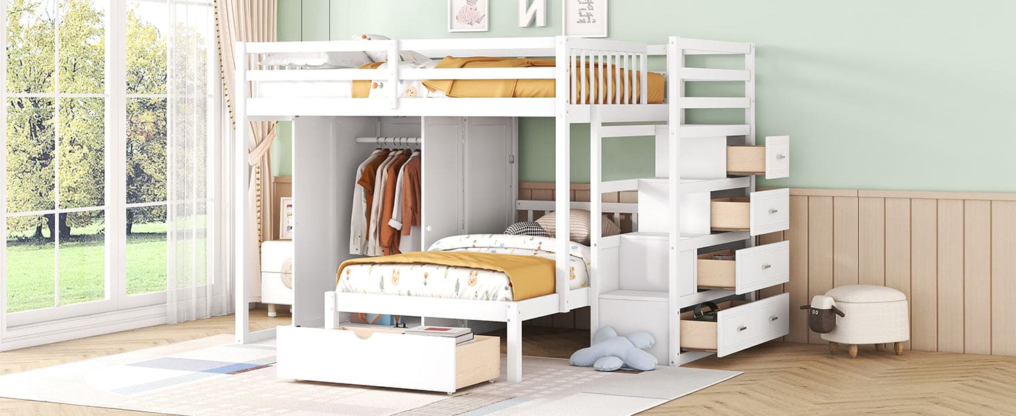 Full Over Twin Bunk Bed with Wardrobe, Drawers, White