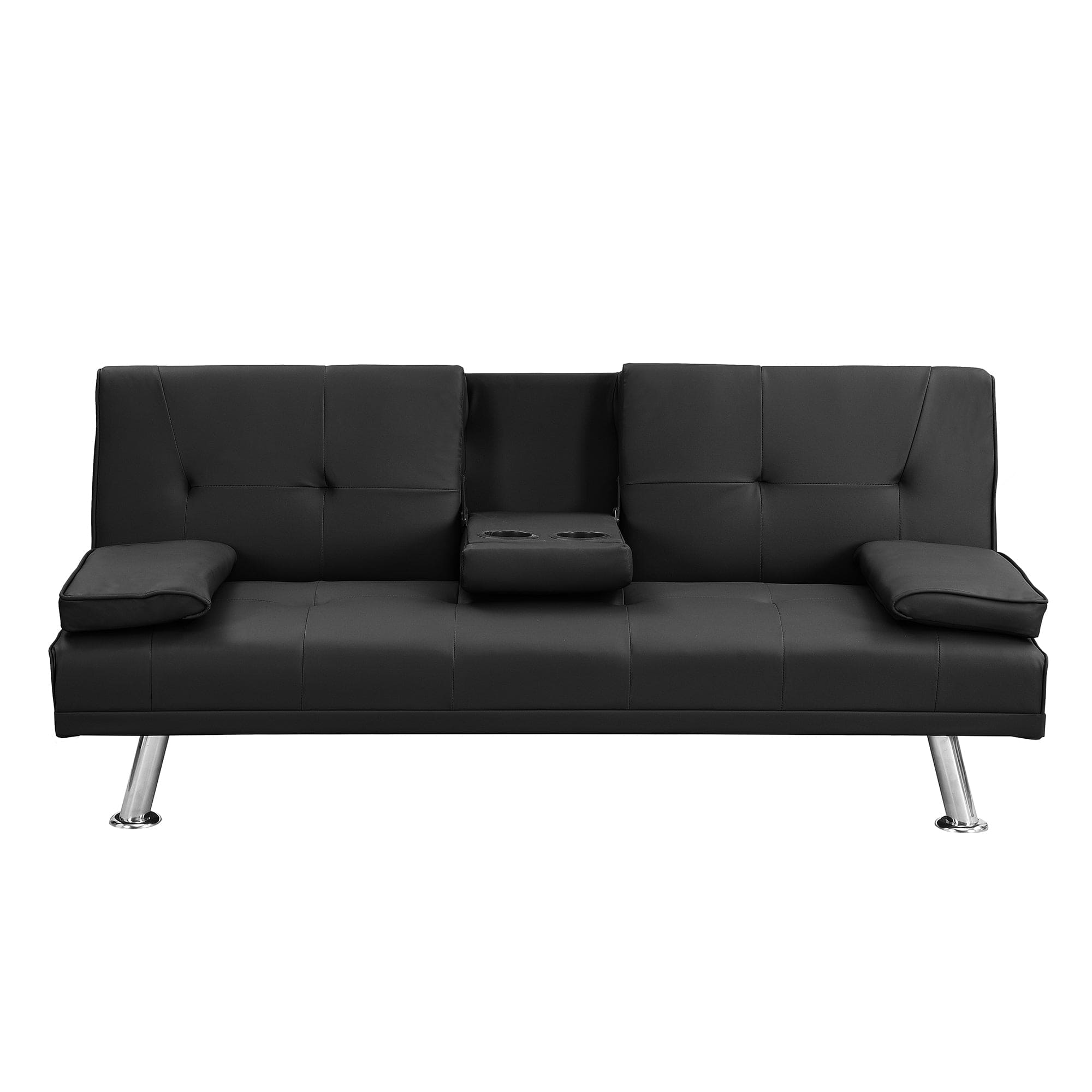 sofa bed with Armrest two holders  WOOD FRAME, STAINLESS LEG, FUTON BLACK  PVC