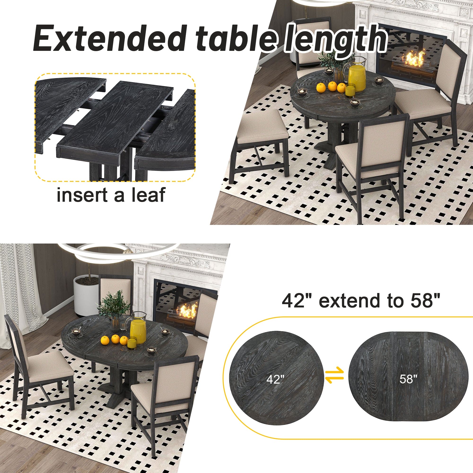 TREXM 5-Piece Dining Set Extendable Round Table and 4 Upholstered Chairs Farmhouse Dining Set for Kitchen, Dining Room(Black)