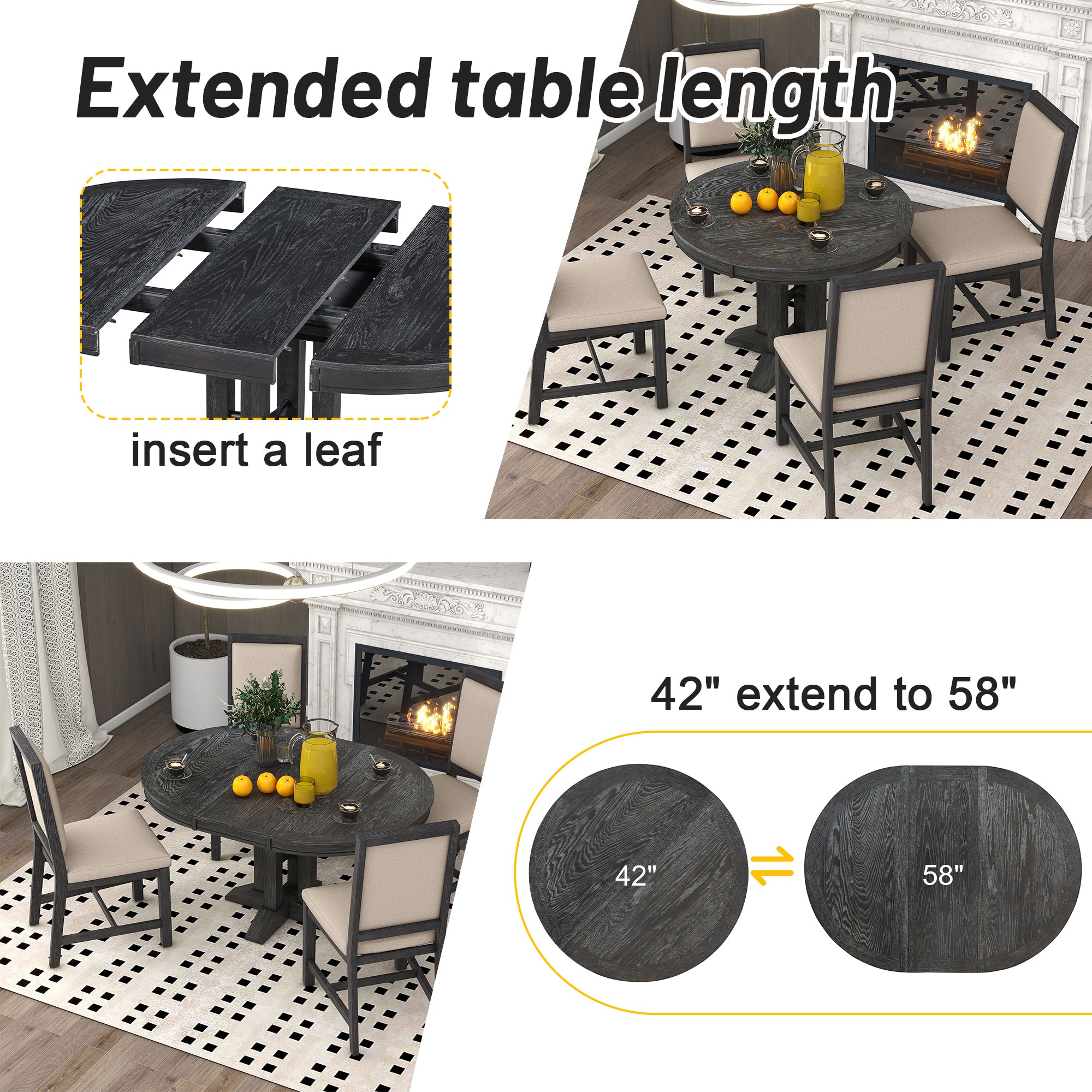 TREXM Farmhouse Dining Table Extendable Round Table for Kitchen, Dining Room(Black)