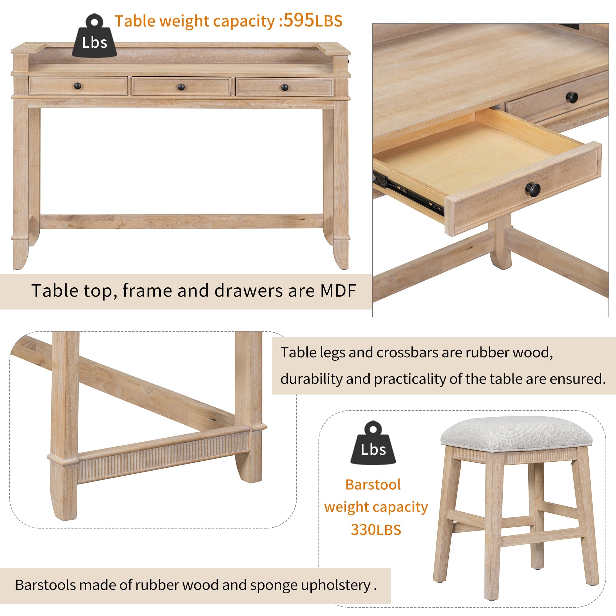 TXREM 4-piece Dining Bar Table Set with 3 Upholstered Stools, Multifunctional Dining Table with 3 Drawers (Natural Wood Wash)