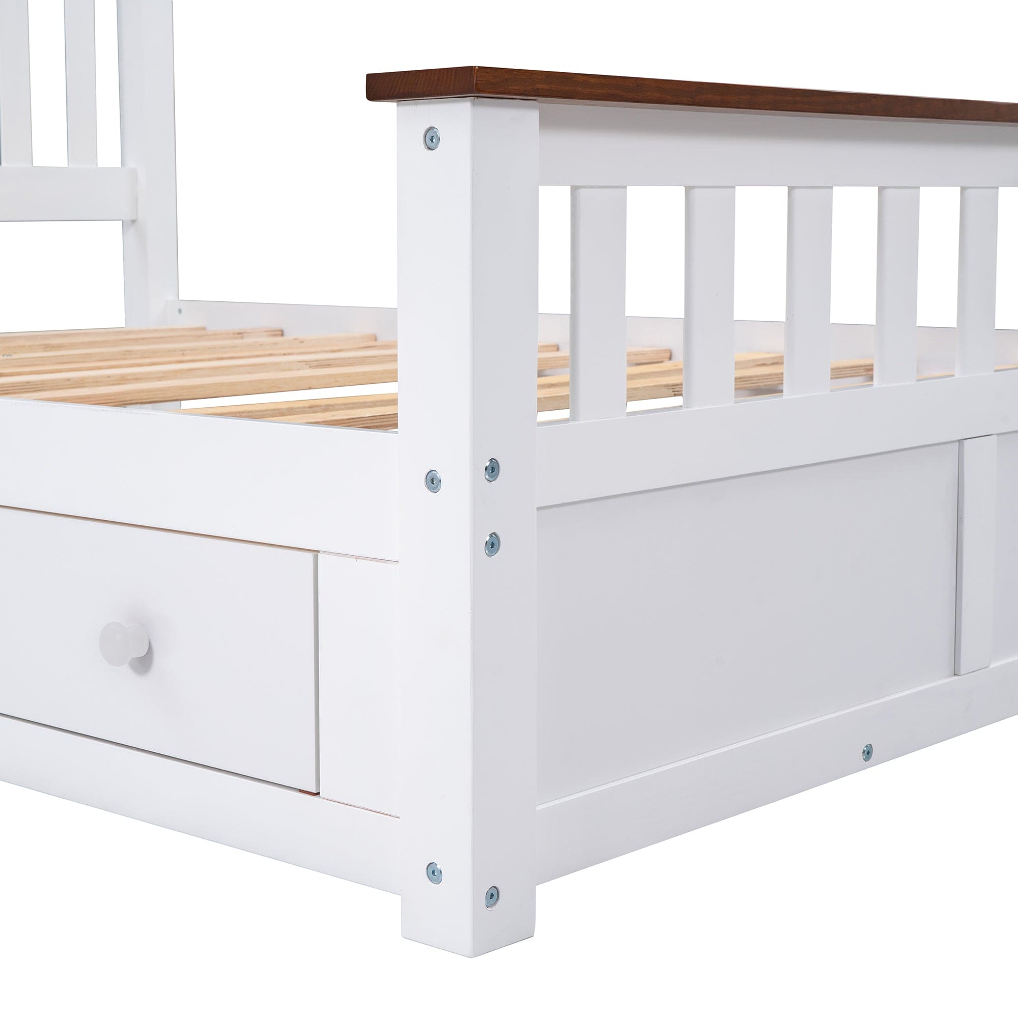 Full Size Wood Platform Bed with Two Drawers and Wooden Slat Support,White+walnut