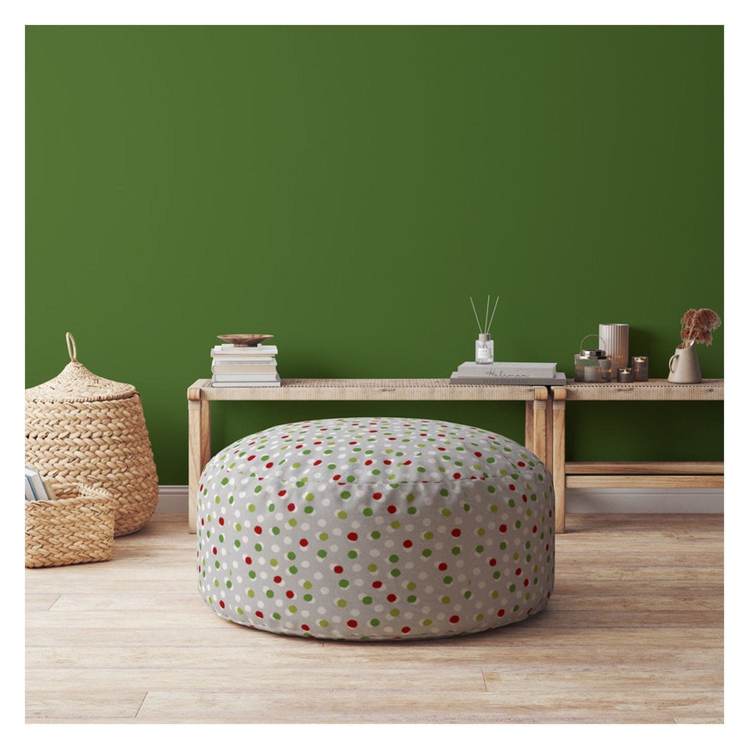 Indoor DANCING DOTS Lime/Bright Red Round Zipper Pouf - Cover Only - 24in dia x 20in tall