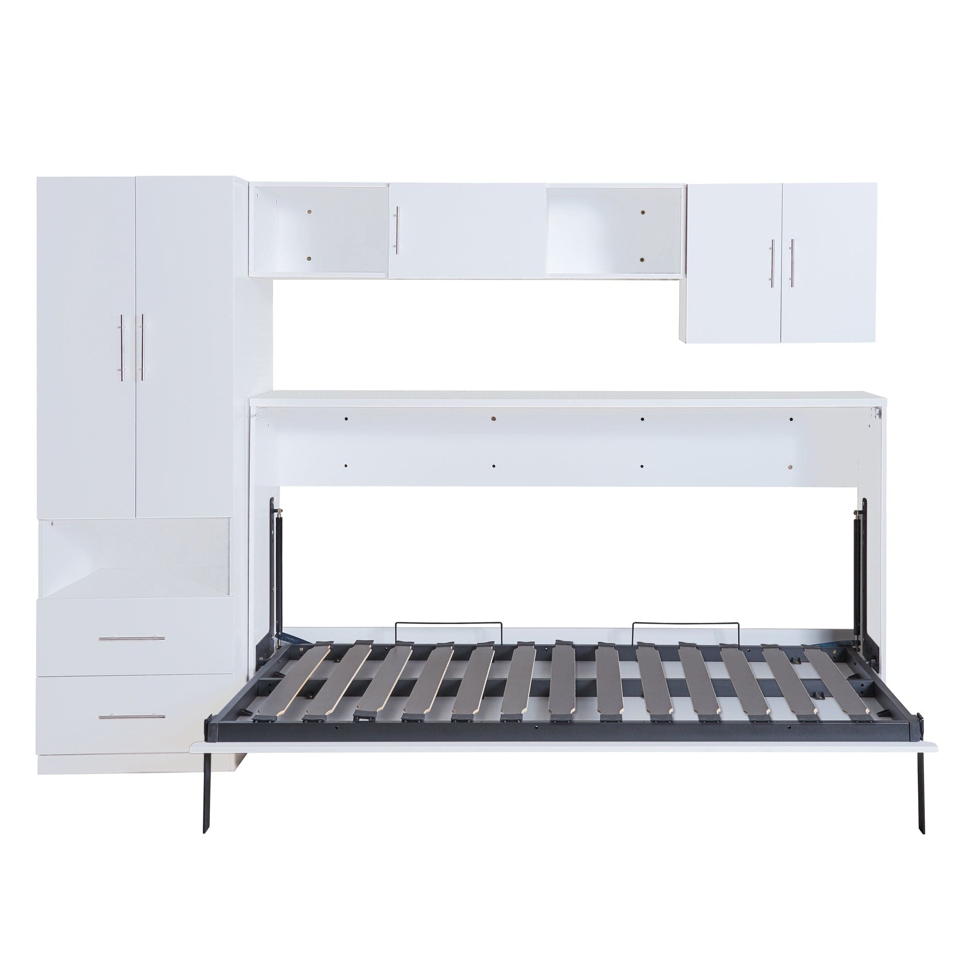 Twin Size Murphy Bed with Open Shelves and Storage Drawers,Built-in Wardrobe and Table, White