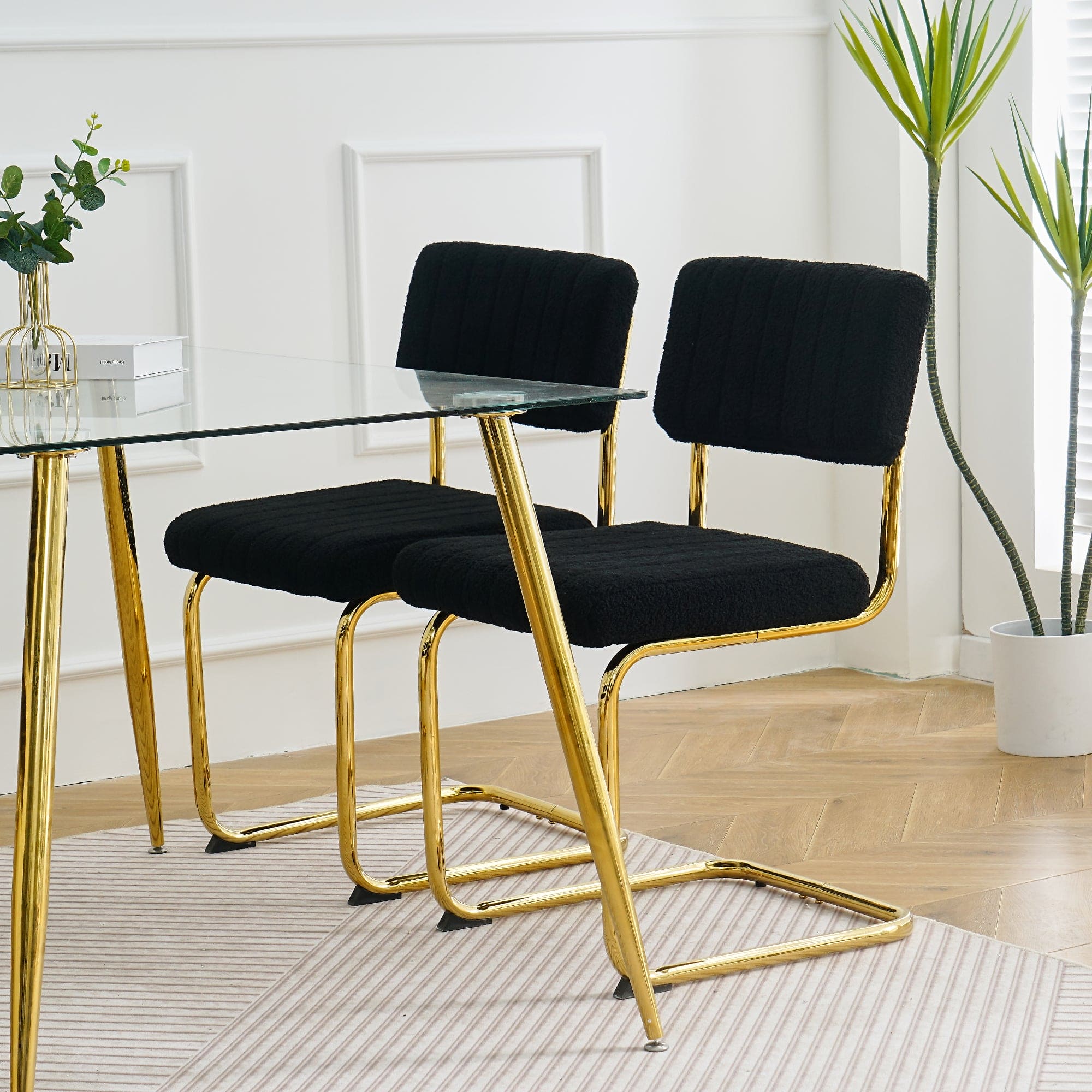 Modern simple light luxury dining Black chair home bedroom stool back dressing chair student desk chair gold metal legs(set of 2)