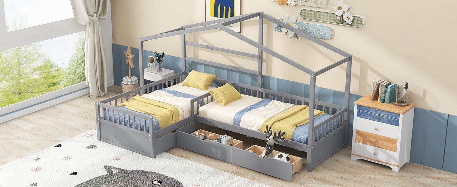 Twin Size House Platform Bed with Three Storage Drawers,Gray