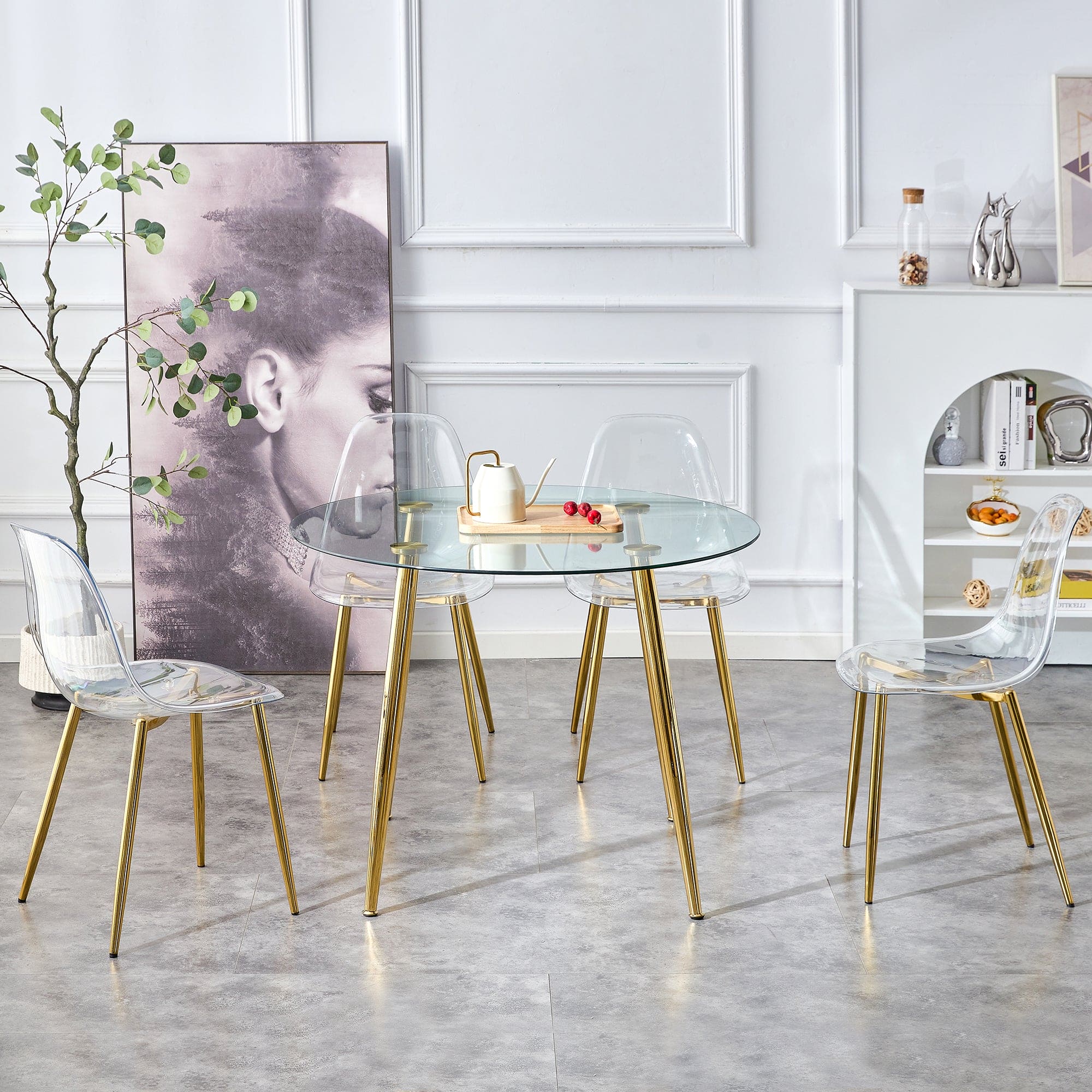 A glass tabletop with a diameter of 40 inches and a modern minimalist circular dining table with gold plated metal legs. 40 '* 40' * 30 ' DT-1164