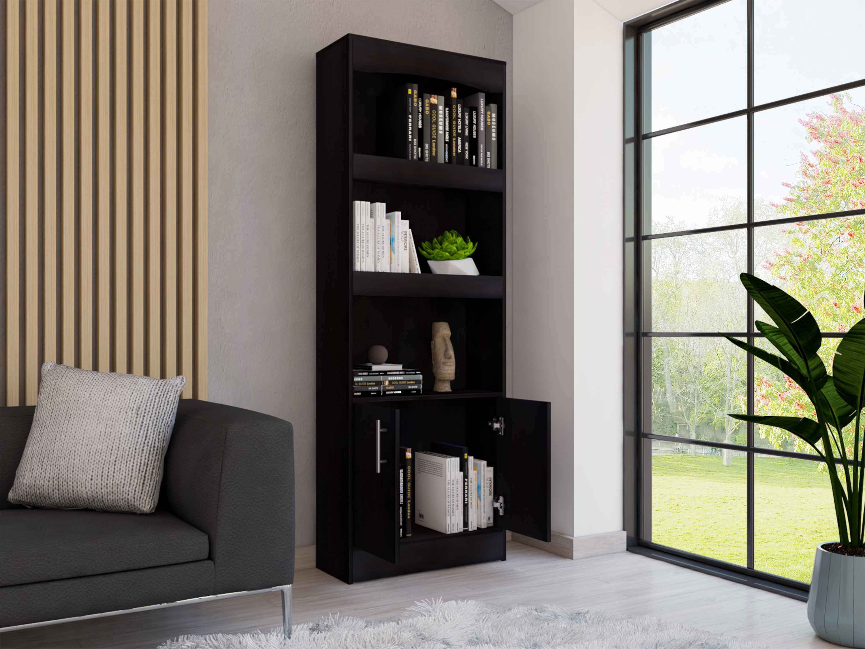 Bookcase Denver, Metal Hardware, Black Wengue Finish