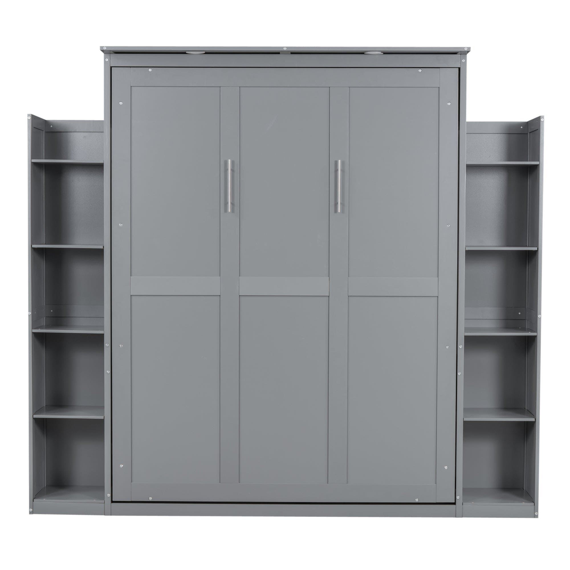 Queen Size Murphy Bed Wall Bed with Shelves and LED Lights,Gray