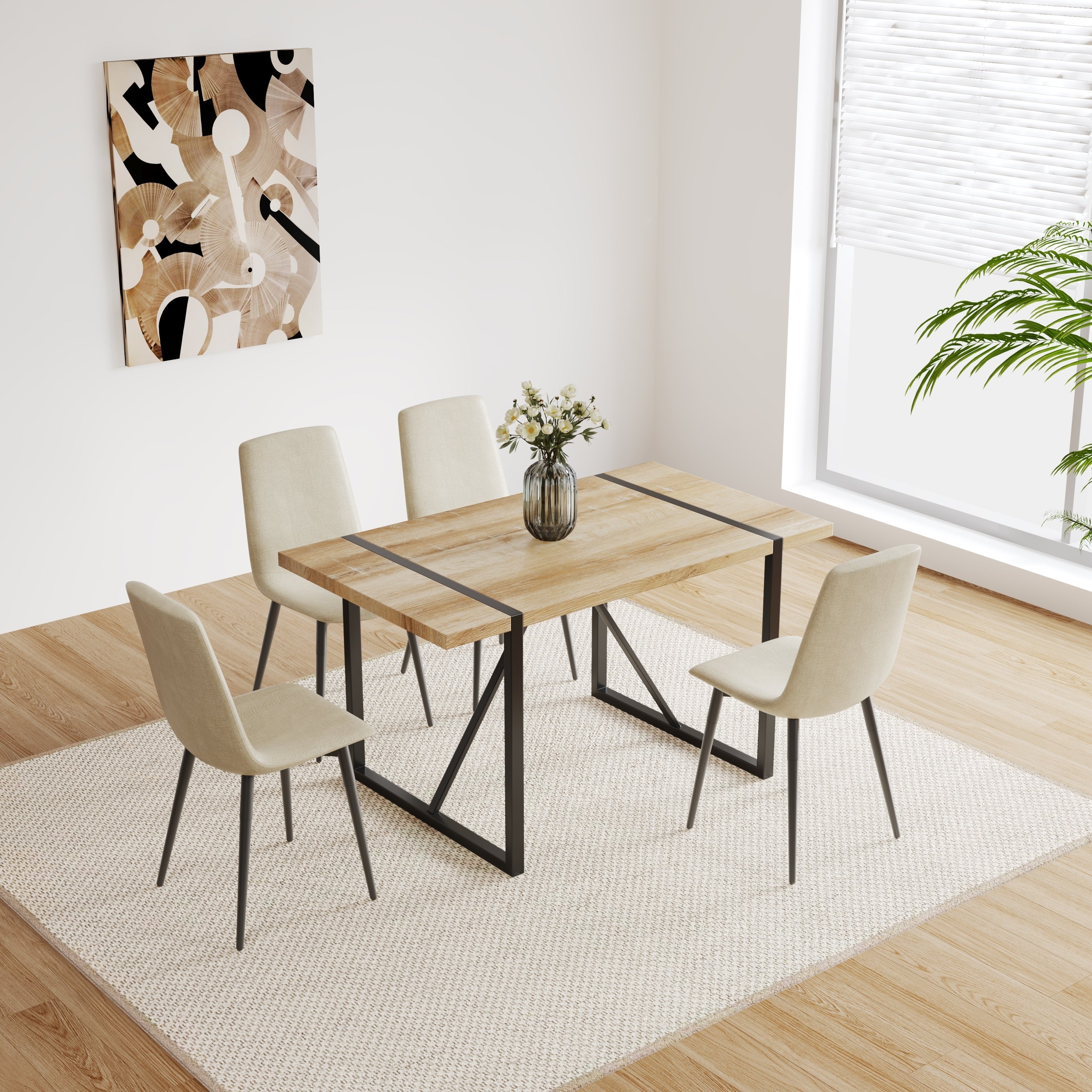 MDF Wood Colour Dining Table and Modern Dining Chairs Set of 4, Mid Century Wooden Kitchen Table Set, Metal Base & Legs, Dining Room Table and Linen Chairs