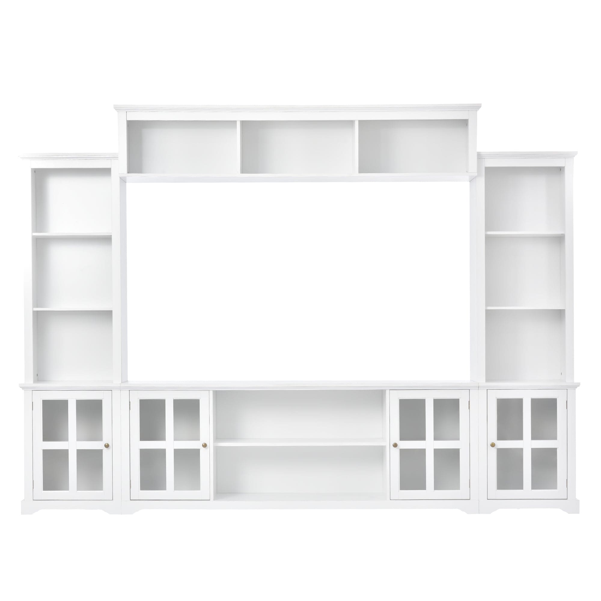 ON-TREND Minimalism Style Entertainment Wall Unit with Bridge, Modern TV Console Table for TVs Up to 70", Multifunctional TV Stand with Tempered Glass Door, White (Old SKU: SD000009AAK)