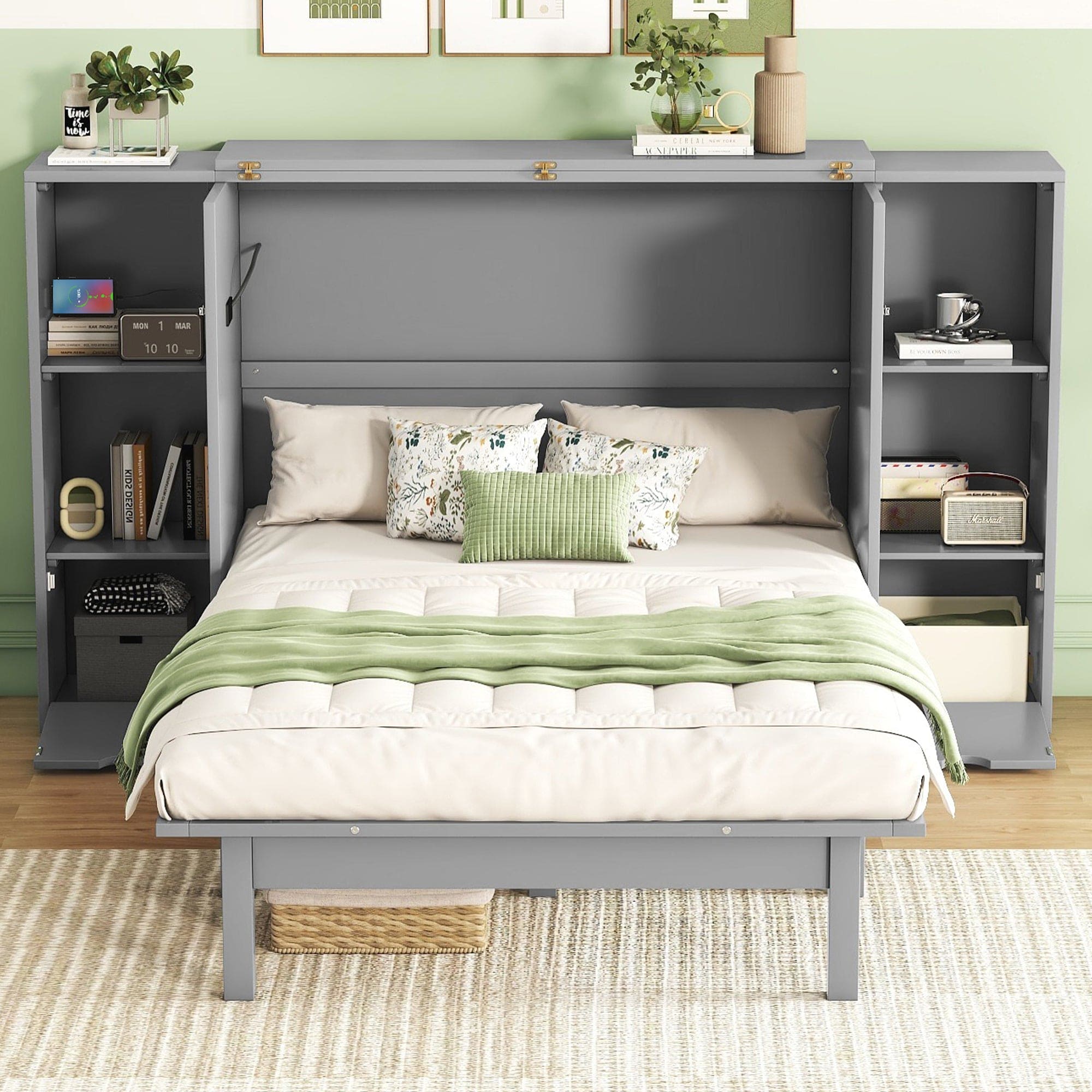 Queen Size Murphy Bed with Shelves, Drawers and USB Ports,Gray