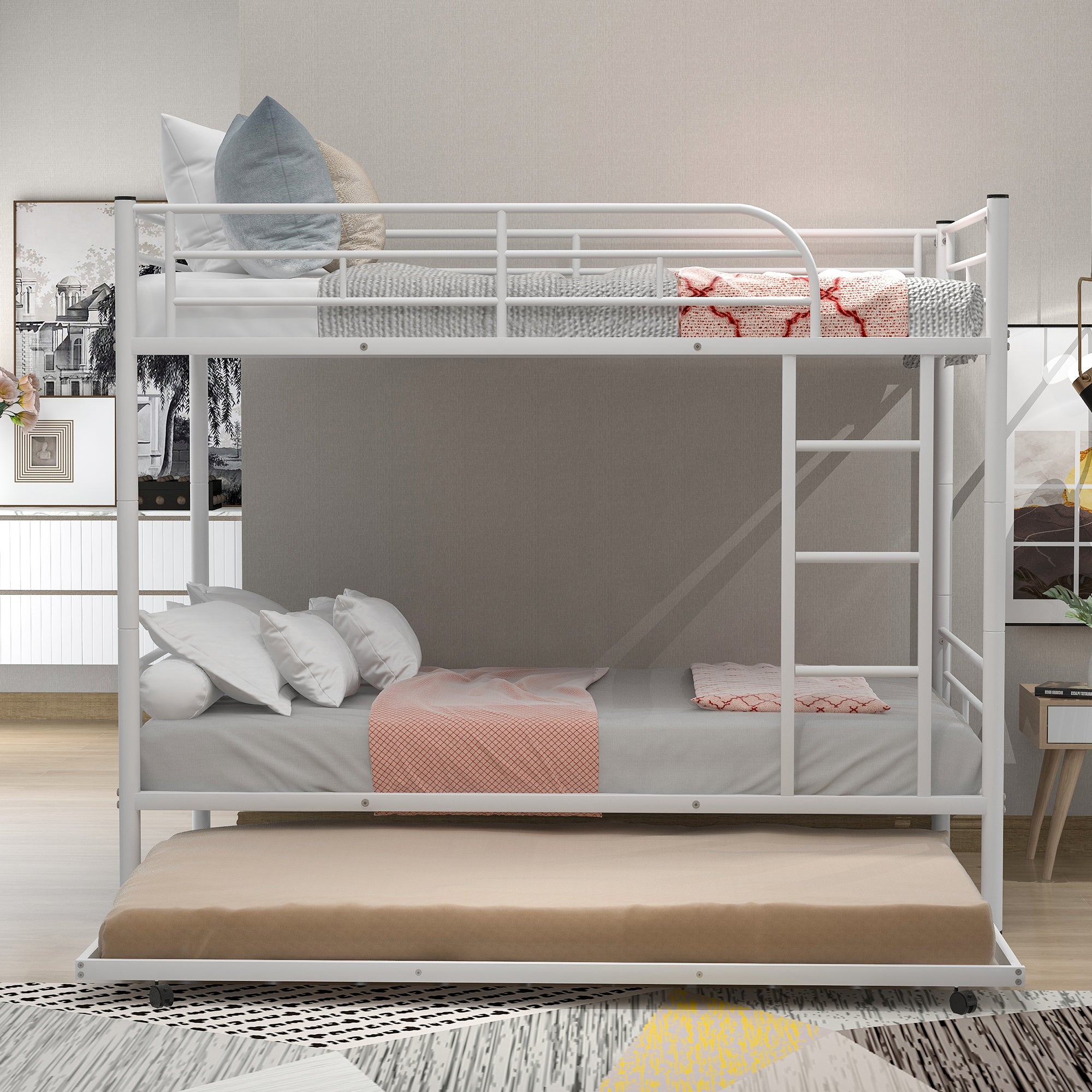 Twin-Over-Twin Metal Bunk Bed With Trundle,Can be Divided into two beds,No Box Spring needed ,White ( old sku: MF194806AAK )