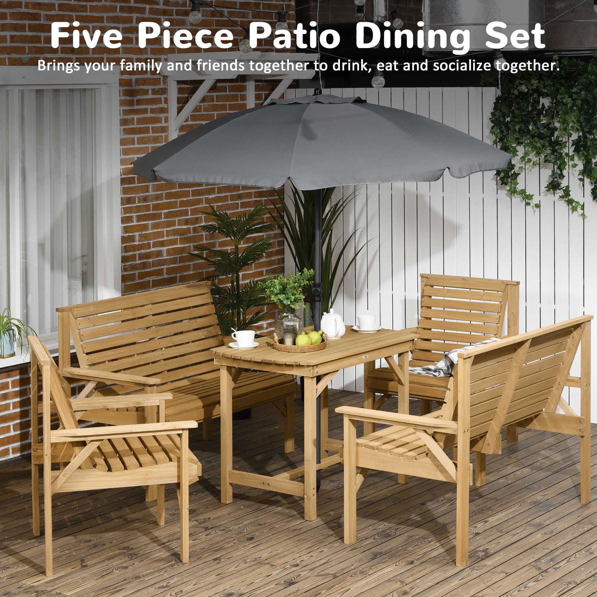 Outsunny 5 Piece Wooden Patio Dining Set for 6, Outdoor Conversation Set with 2 Armchairs, 2 Loveseats, and Dining Table with Umbrella Hole for Backyard, Garden, Light Brown