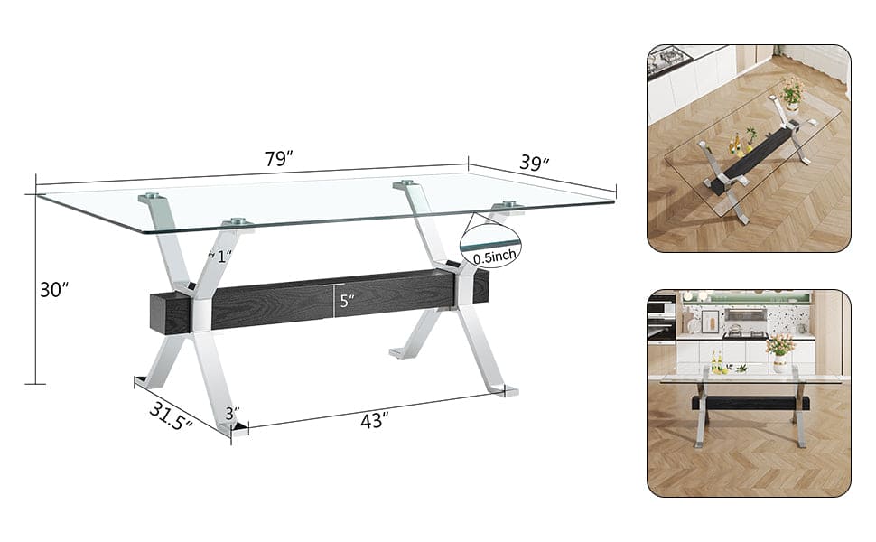 Dining table. Modern tempered glass dining table. Large modern office desk with silver plated metal legs and MDF crossbars, suitable for both home and office use. Kitchen. 79 ''x39''x30 '' 1105