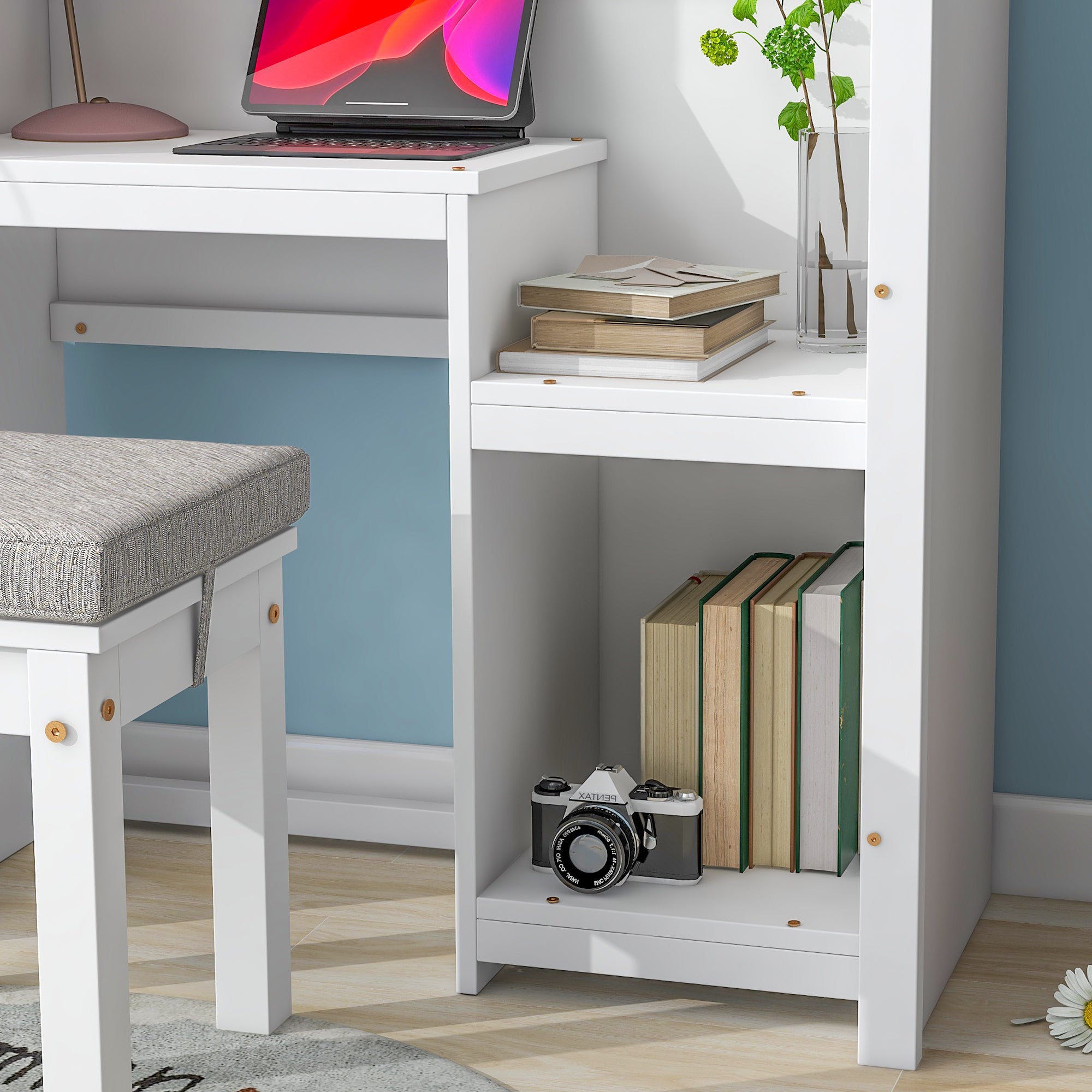 House-Shaped Desk with a cushion stool,White