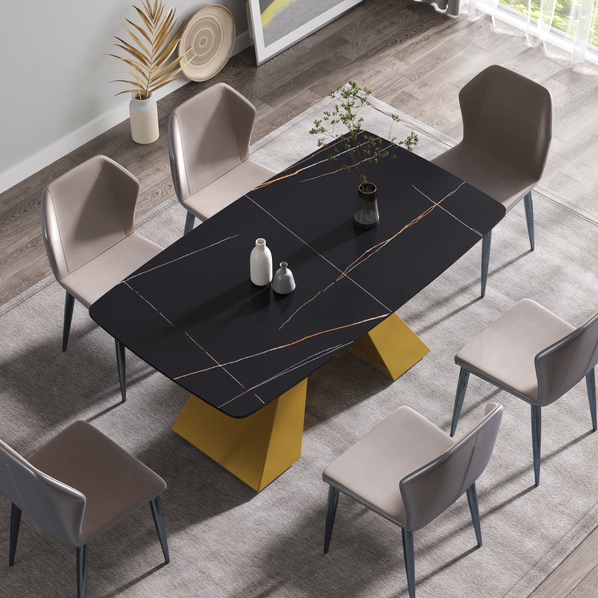 63"Modern artificial stone black curved golden metal leg dining table -6 people