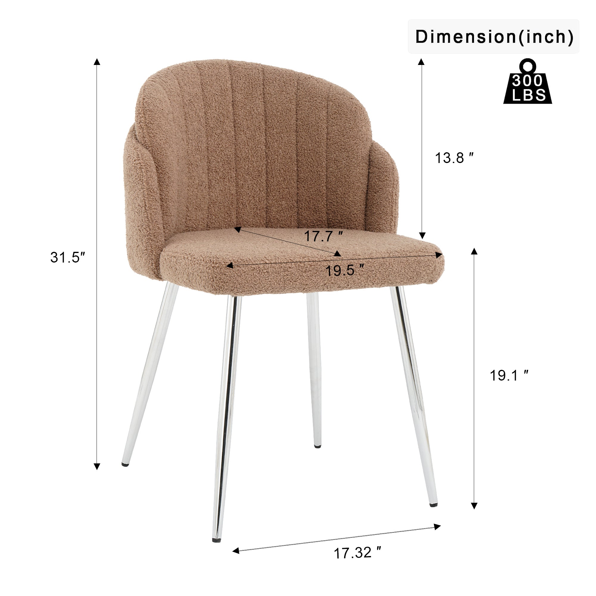 Modern simple brown teddy fleece dining chair Fabric Upholstered Chairs home bedroom stool back dressing chair chrome metal legs(set of 2)