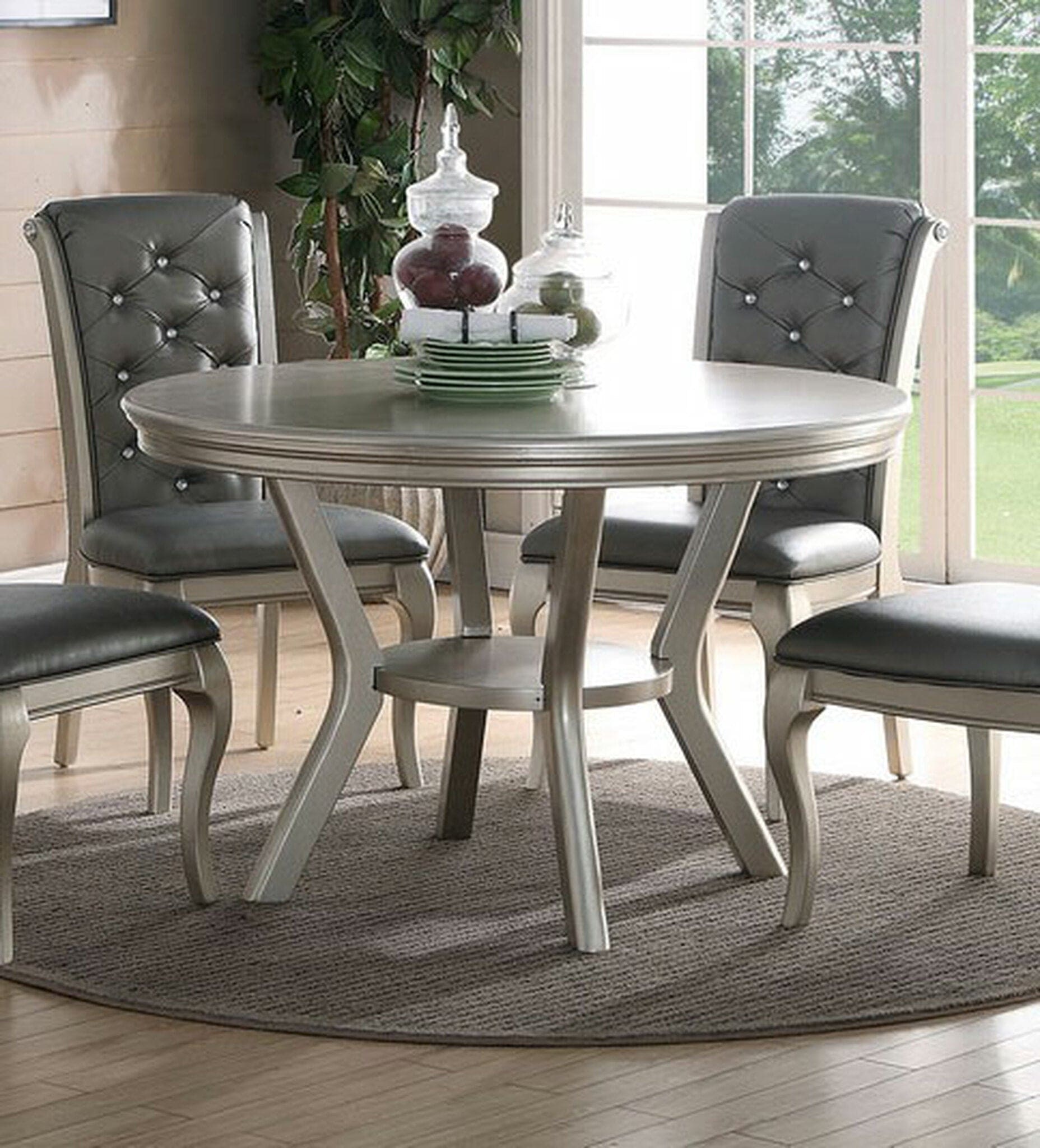 Formal Traditional Dining Table Round Table Silver Hue 5pc Dining Table w Shelf 4x Side Chairs Tufted Back Dining Room Furniture