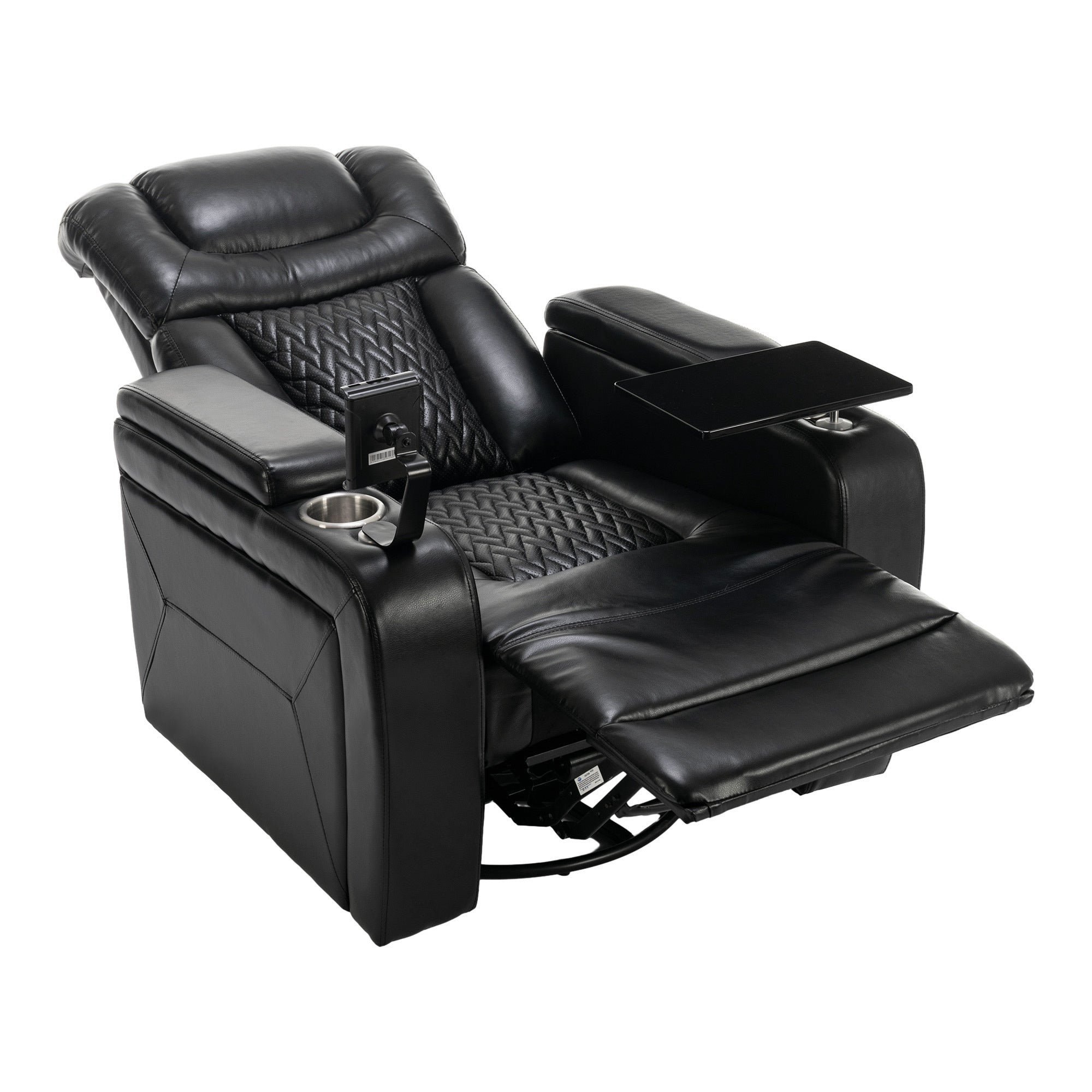 270 Degree Swivel PU Leather Power Recliner Individual Seat Home Theater Recliner with  Comforable Backrest, Tray Table,  Phone Holder, Cup Holder,  USB Port, Hidden Arm Storage for Living Room, Black