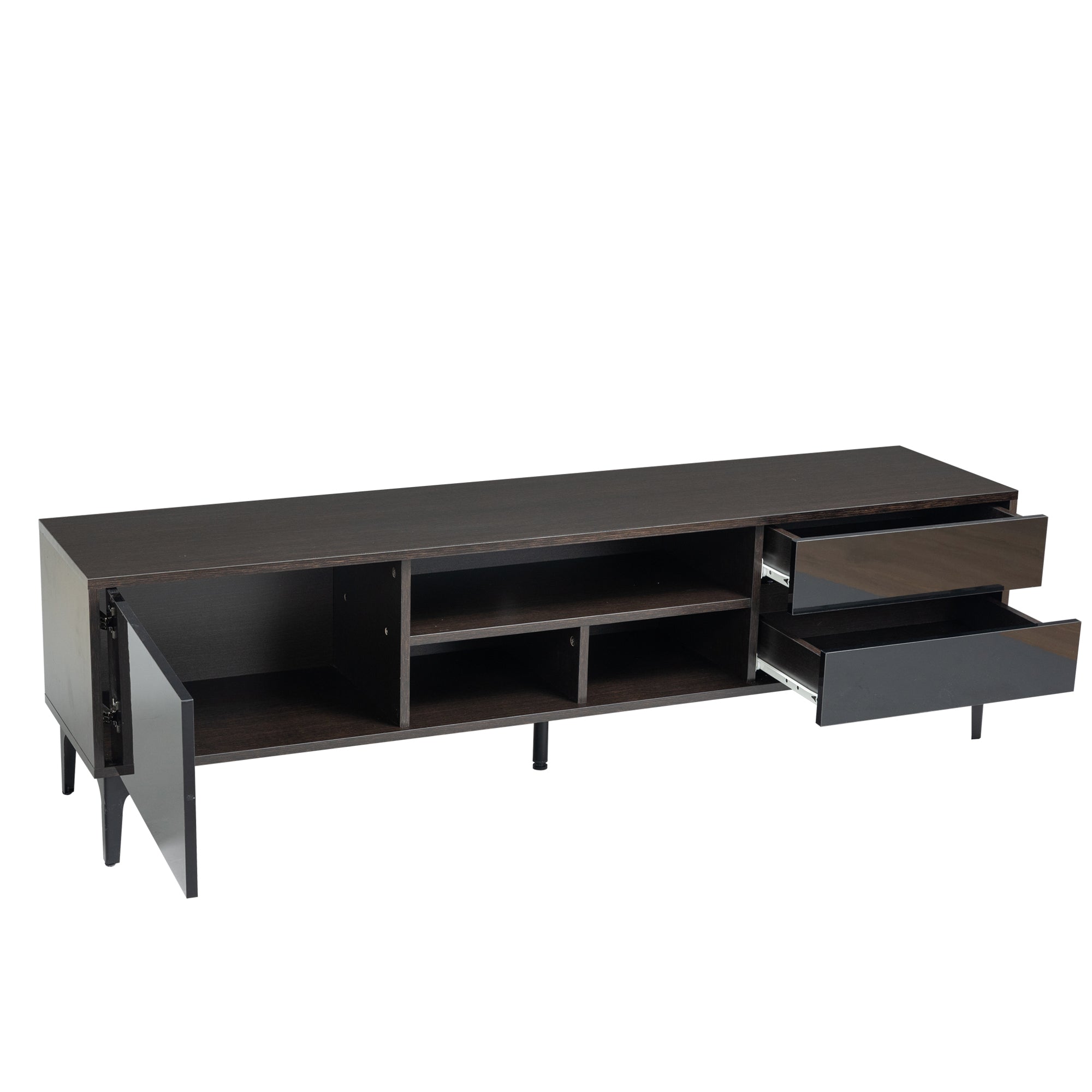 TV stand,TV Cabinet,entertainment center,TV console,media console,with LED remote control lights,UV bloom drawer panel,ferrous legs,can be placed in the living room, bedroom, color: Dark Brown+black