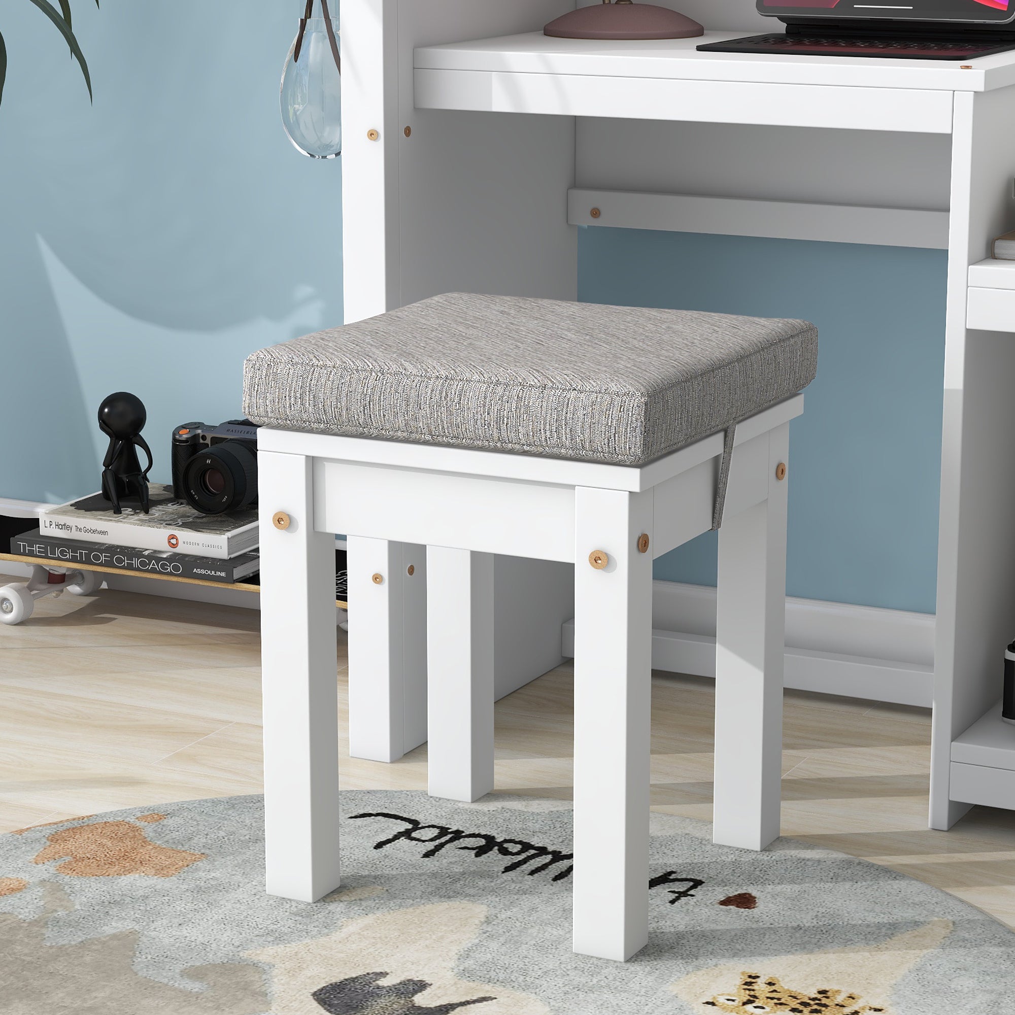 House-Shaped Desk with a cushion stool,White