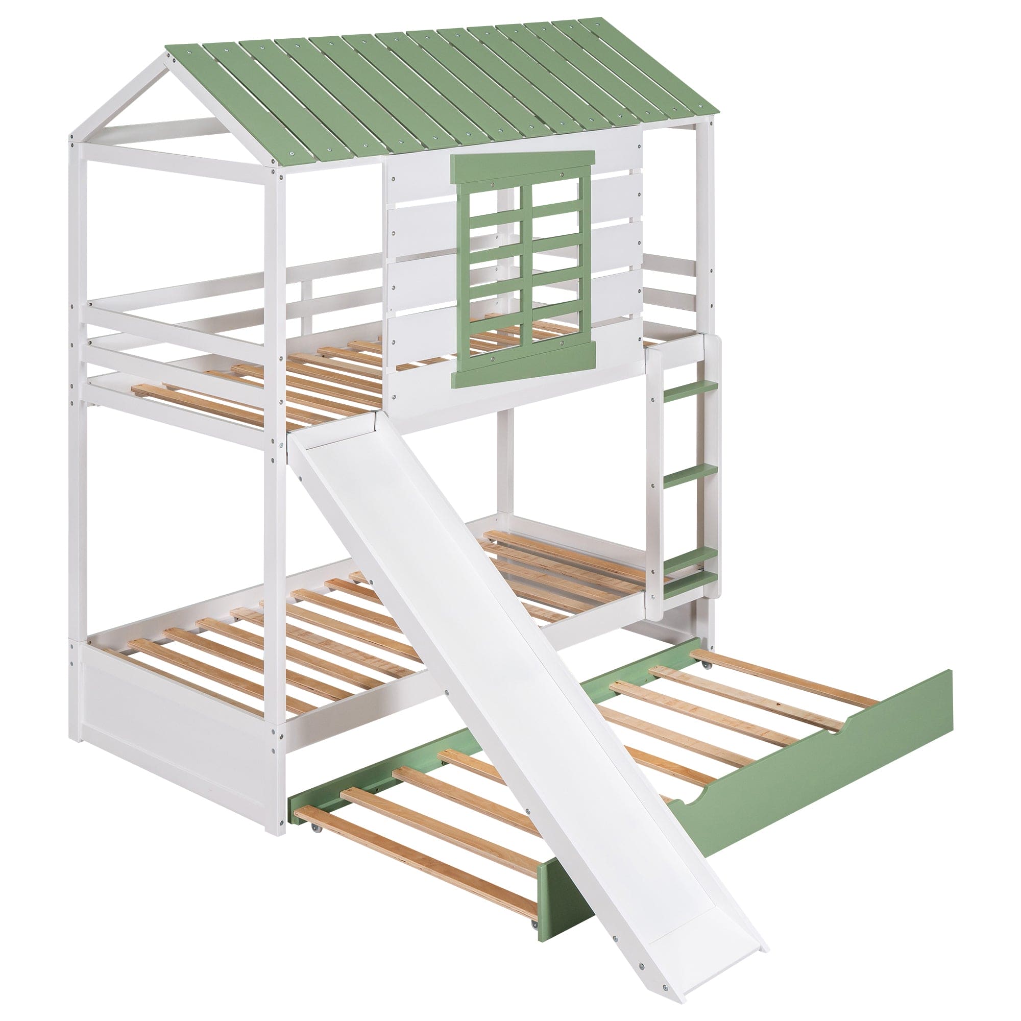 Twin over Twin Size House Bunk Bed with Convertible Slide and Trundle, White+Green