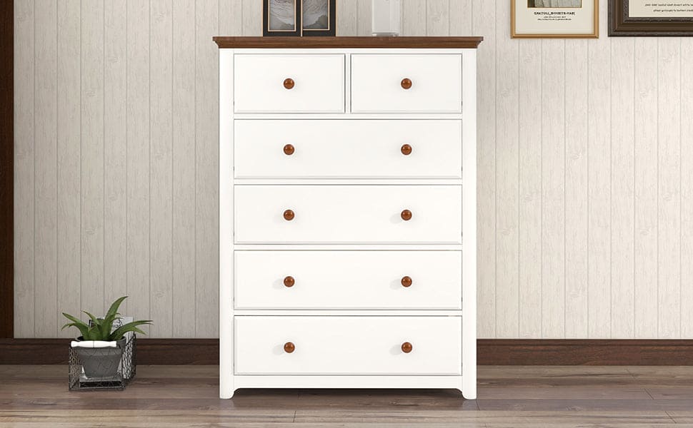 Rustic Wooden Chest with 6 Drawers,Storage Cabinet for Bedroom,White+Walnut