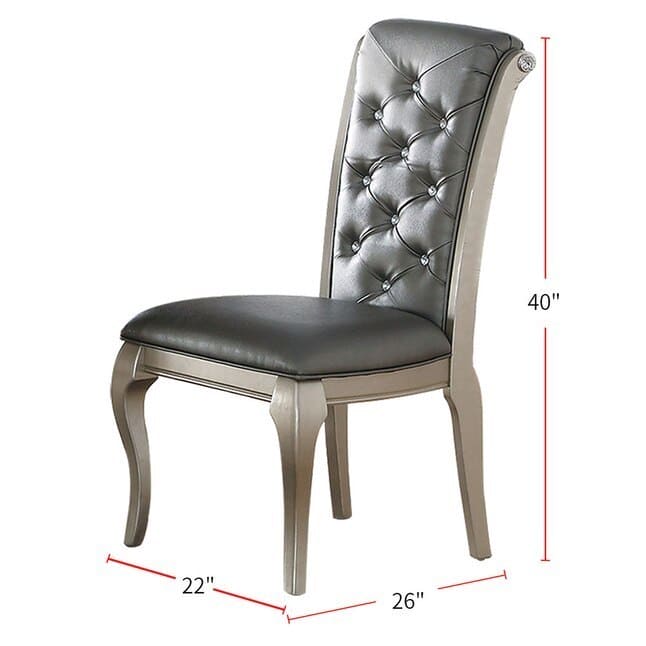 Luxury Antique Silver Wooden Set of 2 Dining Side Chairs Grey Faux Leather / PU Tufted Upholstered Cushion Chairs