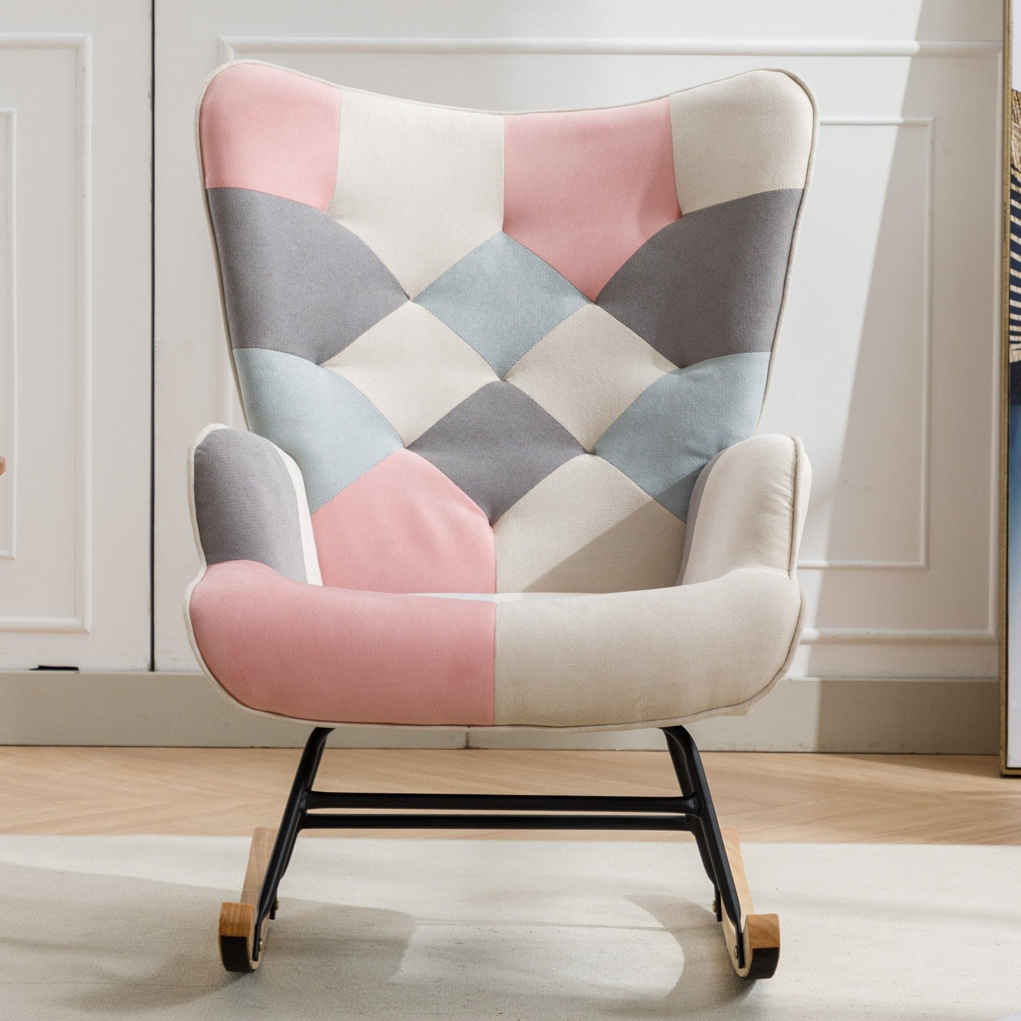 Modern Patchwork Accent Chair with Solid Wood Armrest and Feet, Mid-Century Modern Accent Sofa, Fabric Sofa Chair for Living Room Bedroom Studio, Comfy Side Armchair for Bed (pink)