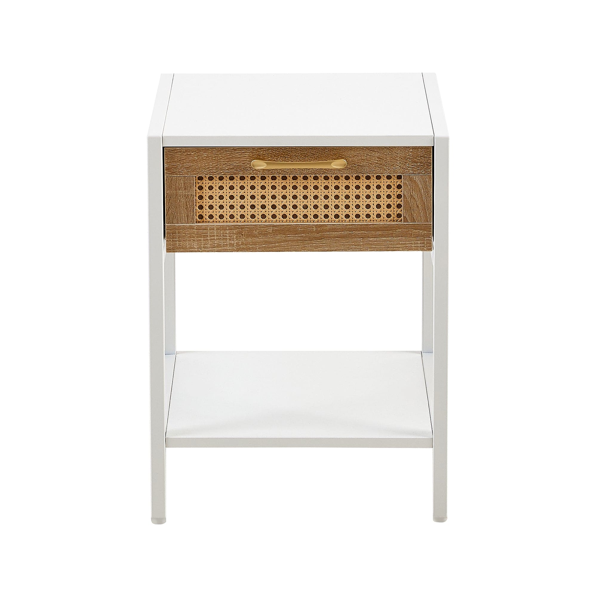 15.74" Rattan End table with  drawer, Modern nightstand, metal legs,side table for living room, bedroom,white(1 pc)