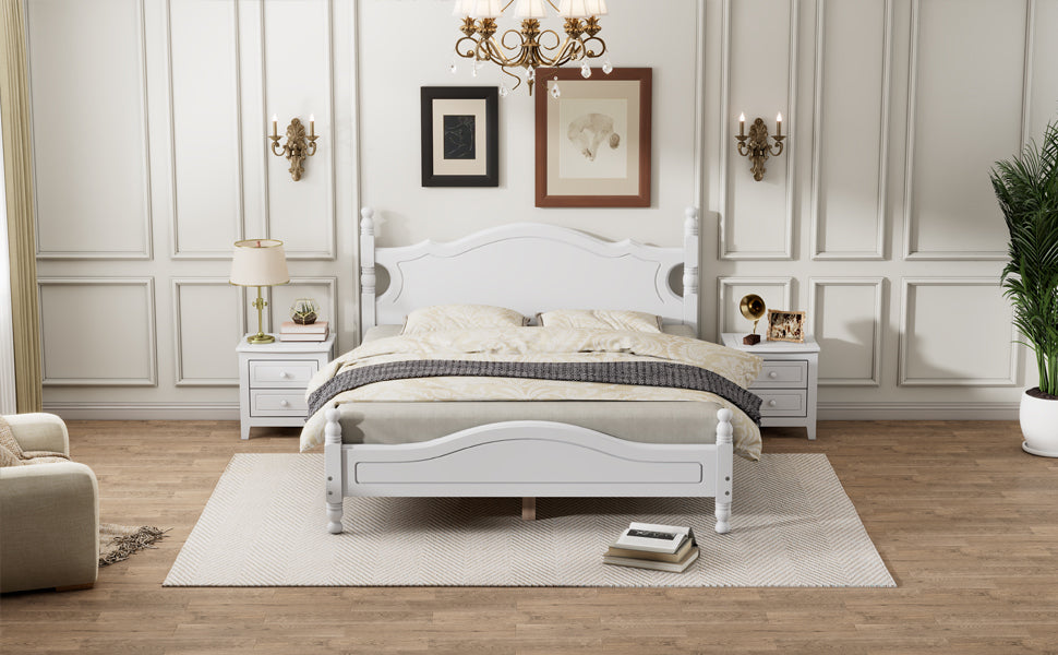 Queen Size Wood Platform Bed Frame,Retro Style Platform Bed with Wooden Slat Support,White