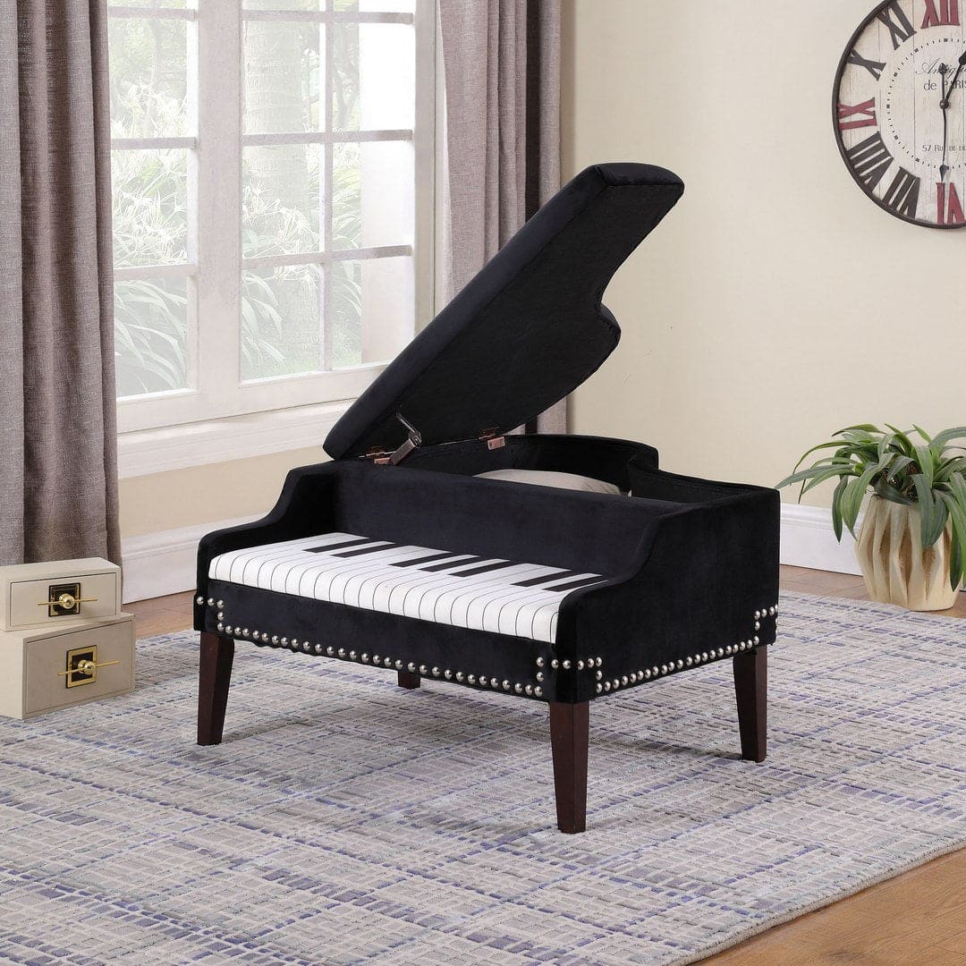 21-Inch-Long Navy-Blue Piano Silver Nailheads Storage Ottoman