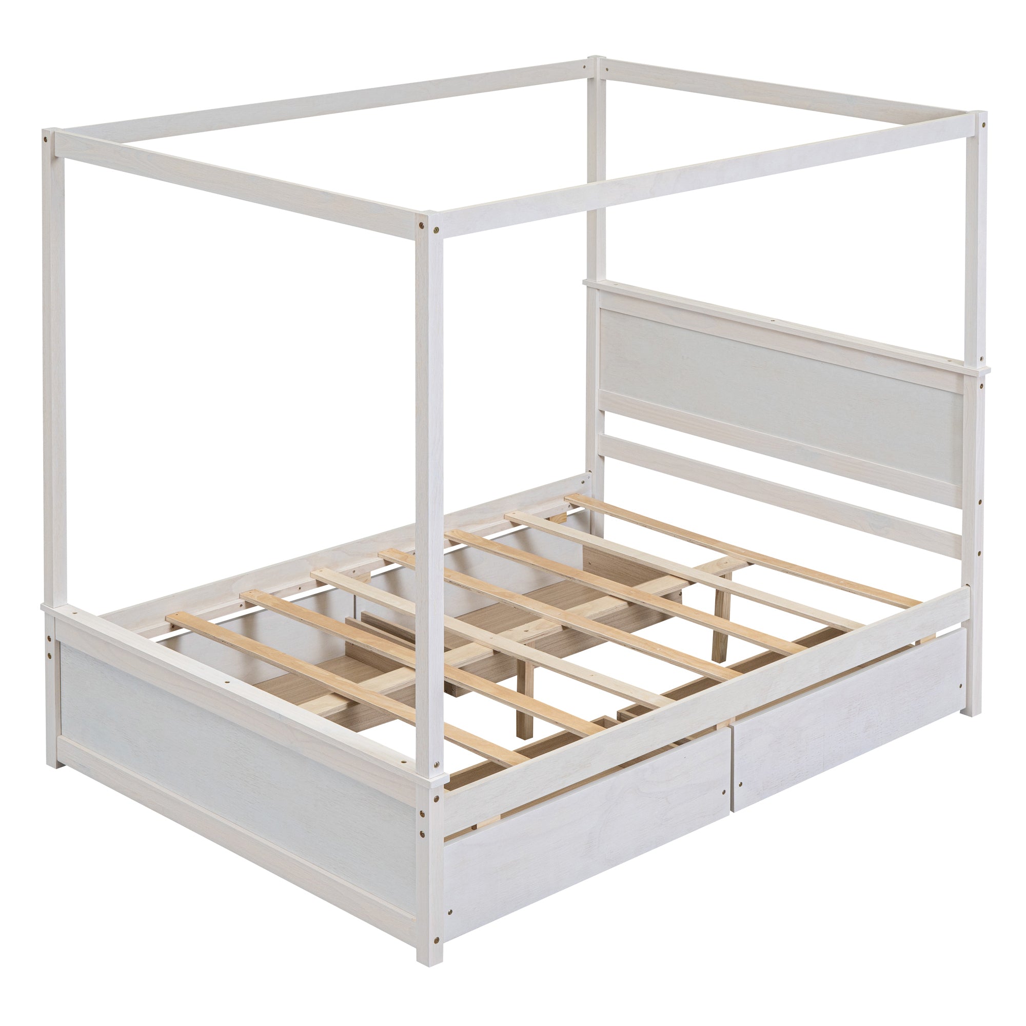 Wood Canopy Bed with four Drawers ,Full Size Canopy Platform Bed With Support Slats .No Box Spring Needed, Brushed White