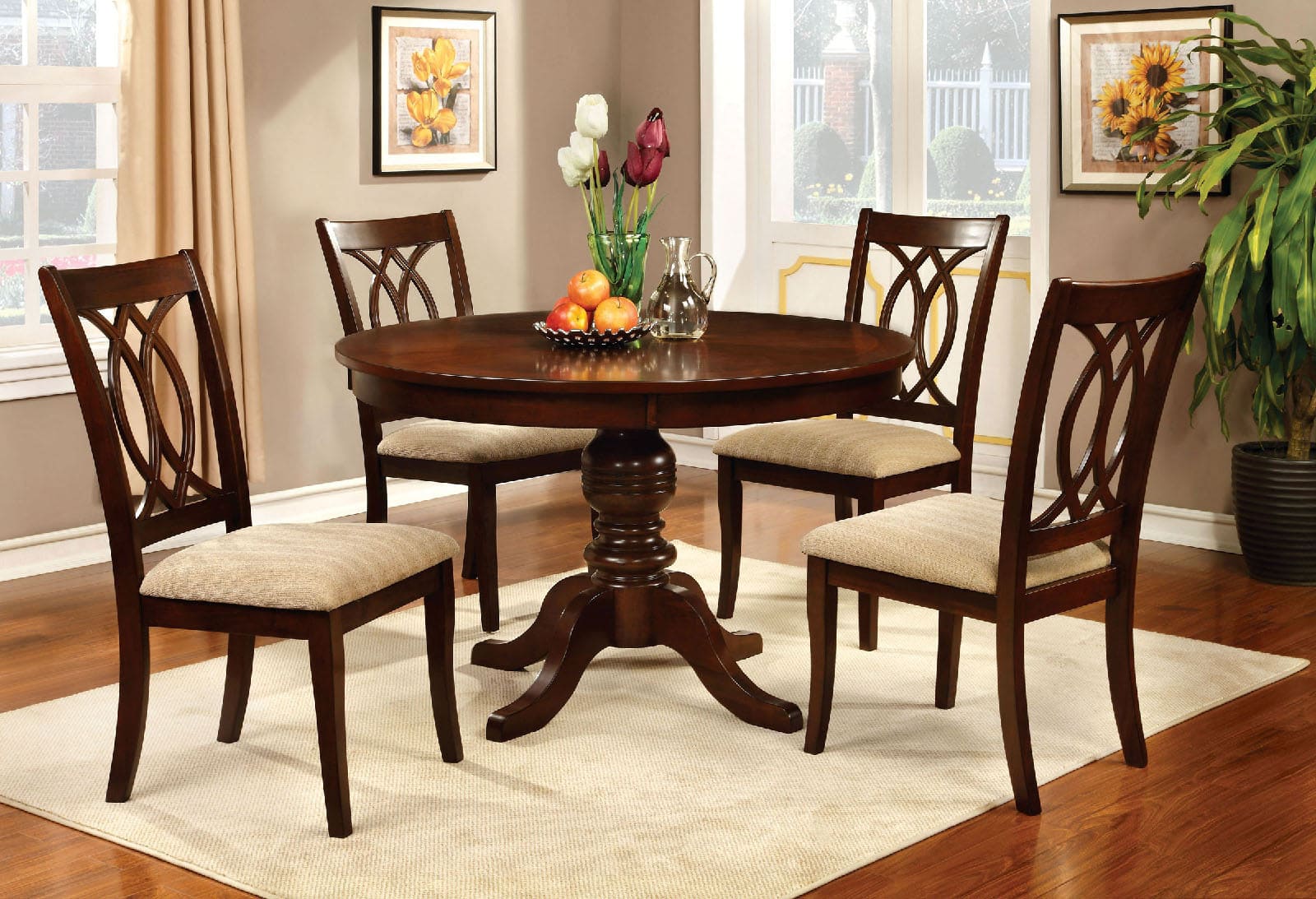 Classic Transitional Dining Chairs Brown Cherry Solid wood Padded Fabric Seat Set of 2 Side Chairs Dining Room Furniture Beautifully-crafted chairs