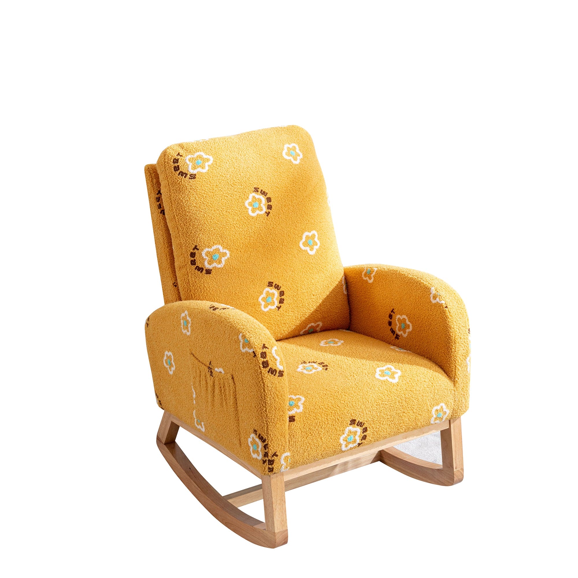 26.8"W Modern Rocking Chair for Nursery, Mid Century Accent Rocker Armchair With Side Pocket, Upholstered High Back Wooden Rocking Chair for Living Room Baby Kids Room Bedroom, Mustard Boucle